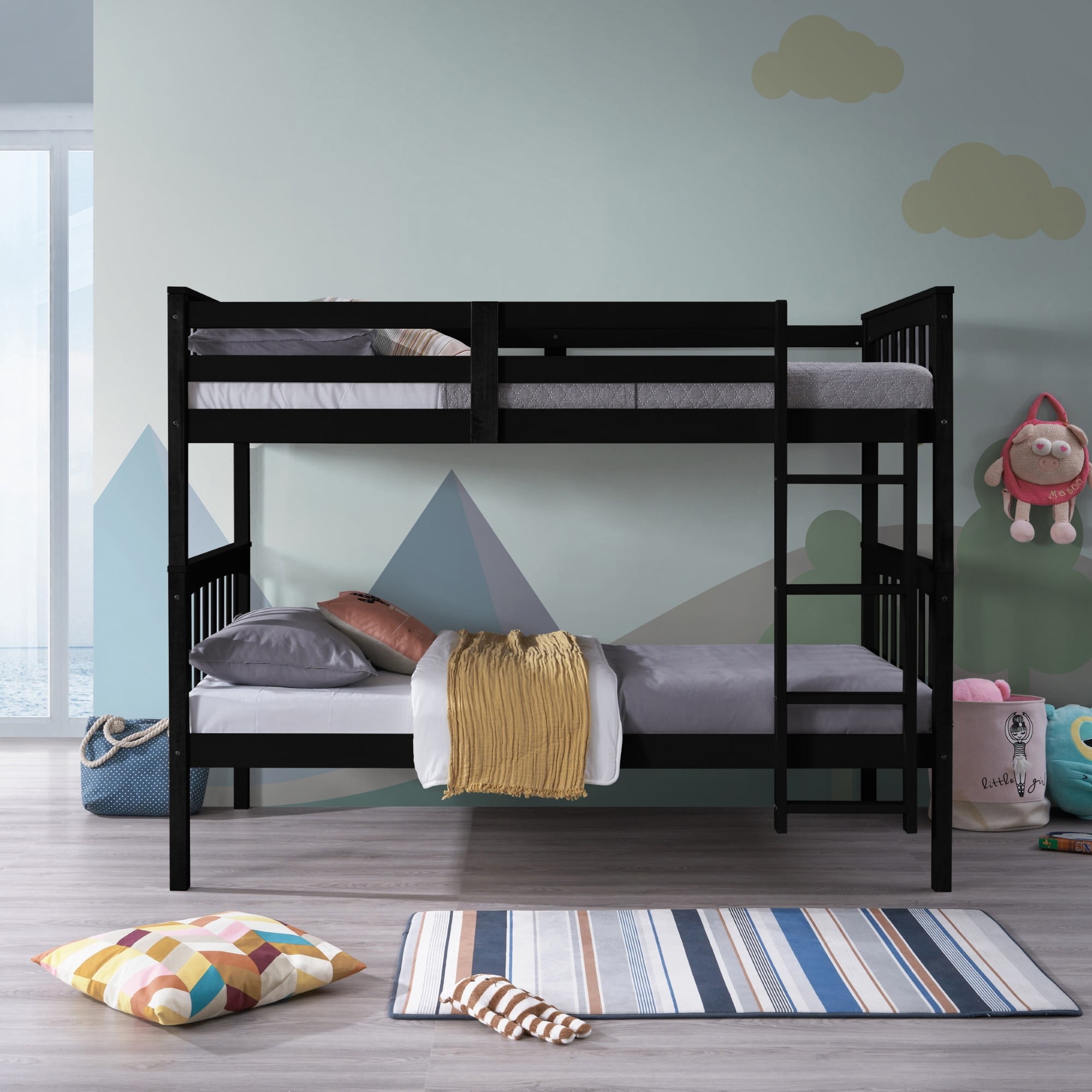 Home Design Ames Twin Over Twin Solid Wood Bunk Bed Frame, Convertible, Sturdy Guardrails, Black, Easy Assembly