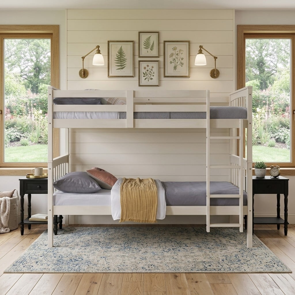 Home Design Ames Twin Over Twin Solid Wood Bunk Bed with 2 Ruston Nightstand – 3-Piece Space-Saving Bedroom Set, Antique White/ Black