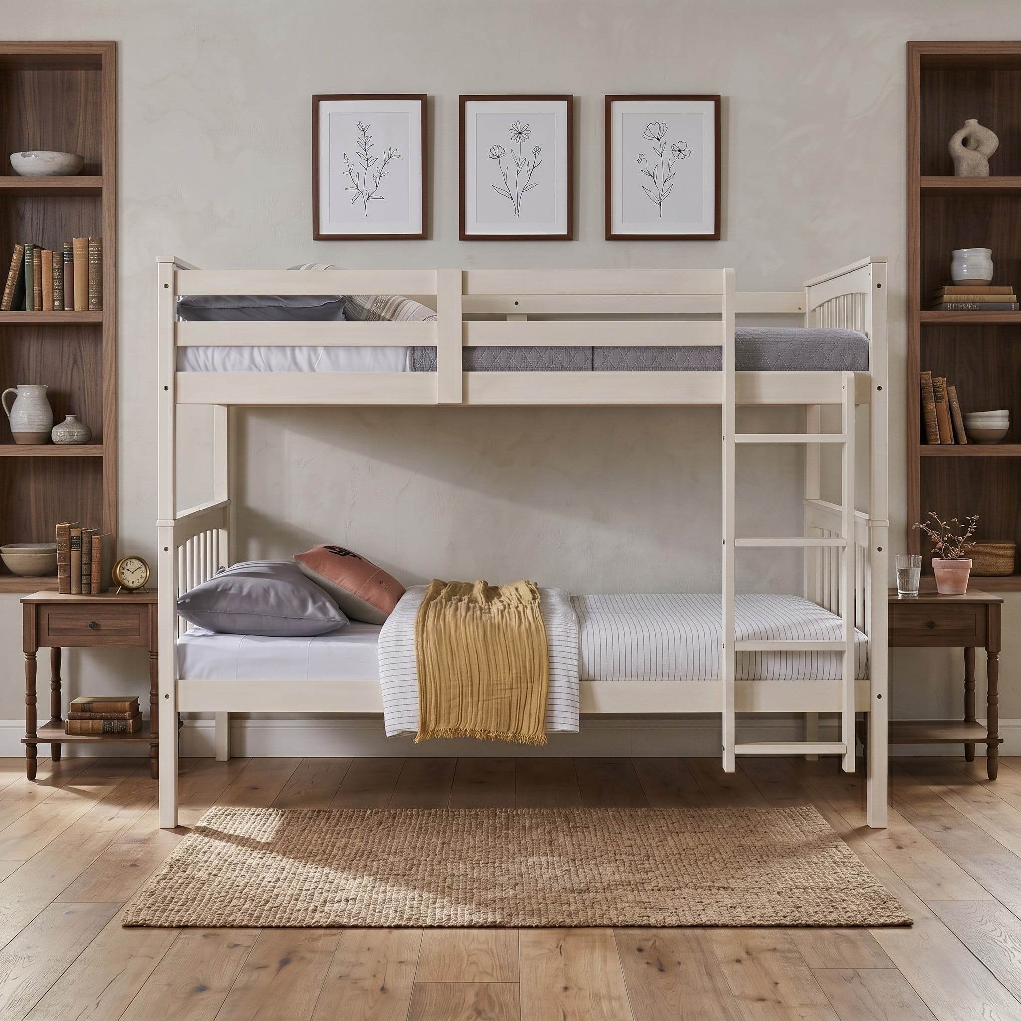 Home Design Ames Twin Over Twin Solid Wood Bunk Bed with 2 Ruston Nightstand – 3-Piece Space-Saving Bedroom Set, Antique White/ Brown