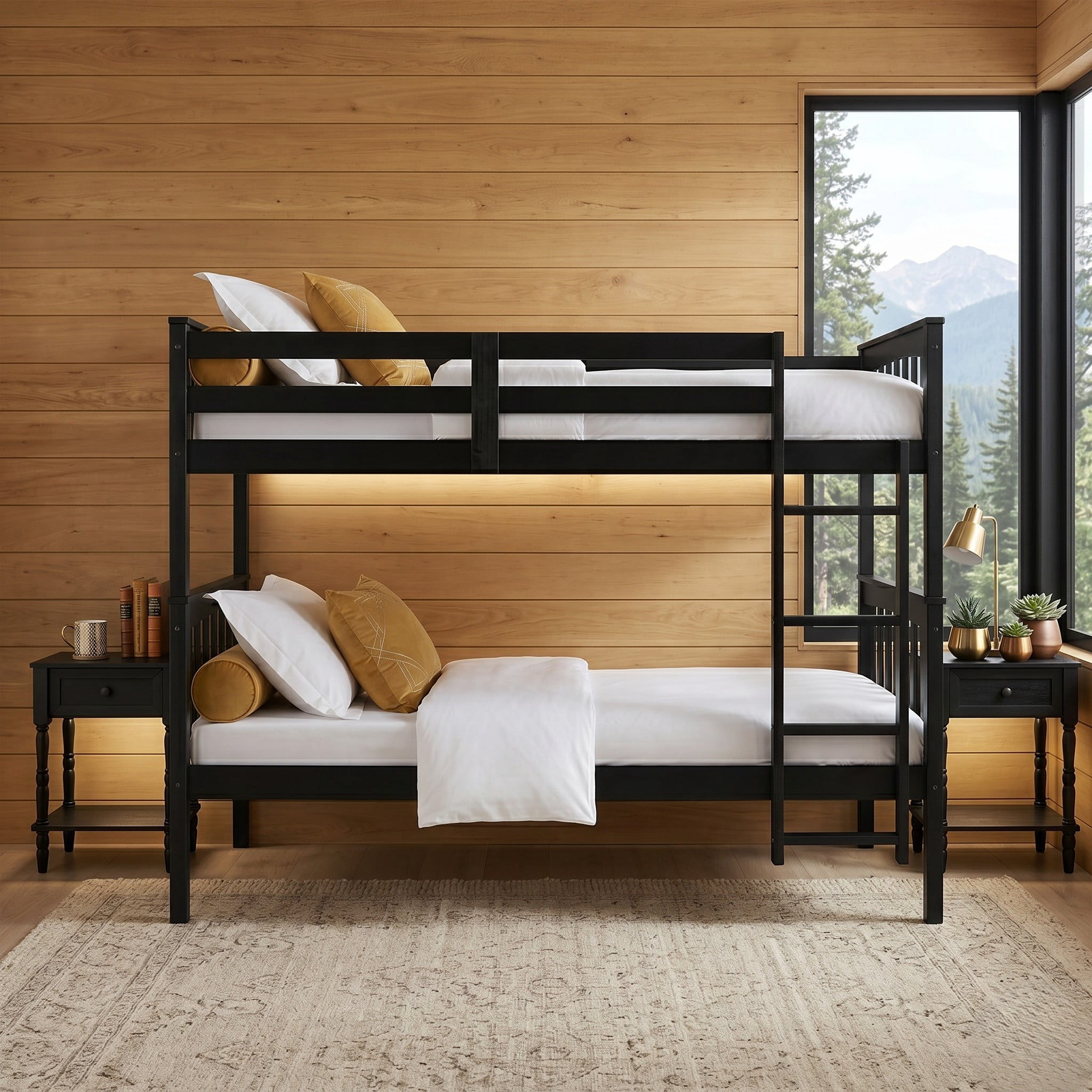 Home Design Ames Twin Over Twin Solid Wood Bunk Bed with 2 Ruston Nightstand – 3-Piece Space-Saving Bedroom Set, Black/ Black