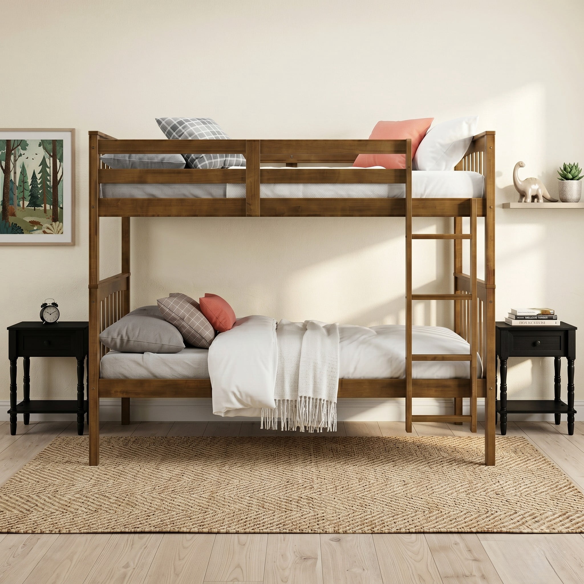 Home Design Ames Twin Over Twin Solid Wood Bunk Bed with 2 Ruston Nightstand – 3-Piece Space-Saving Bedroom Set, Brown/ Black