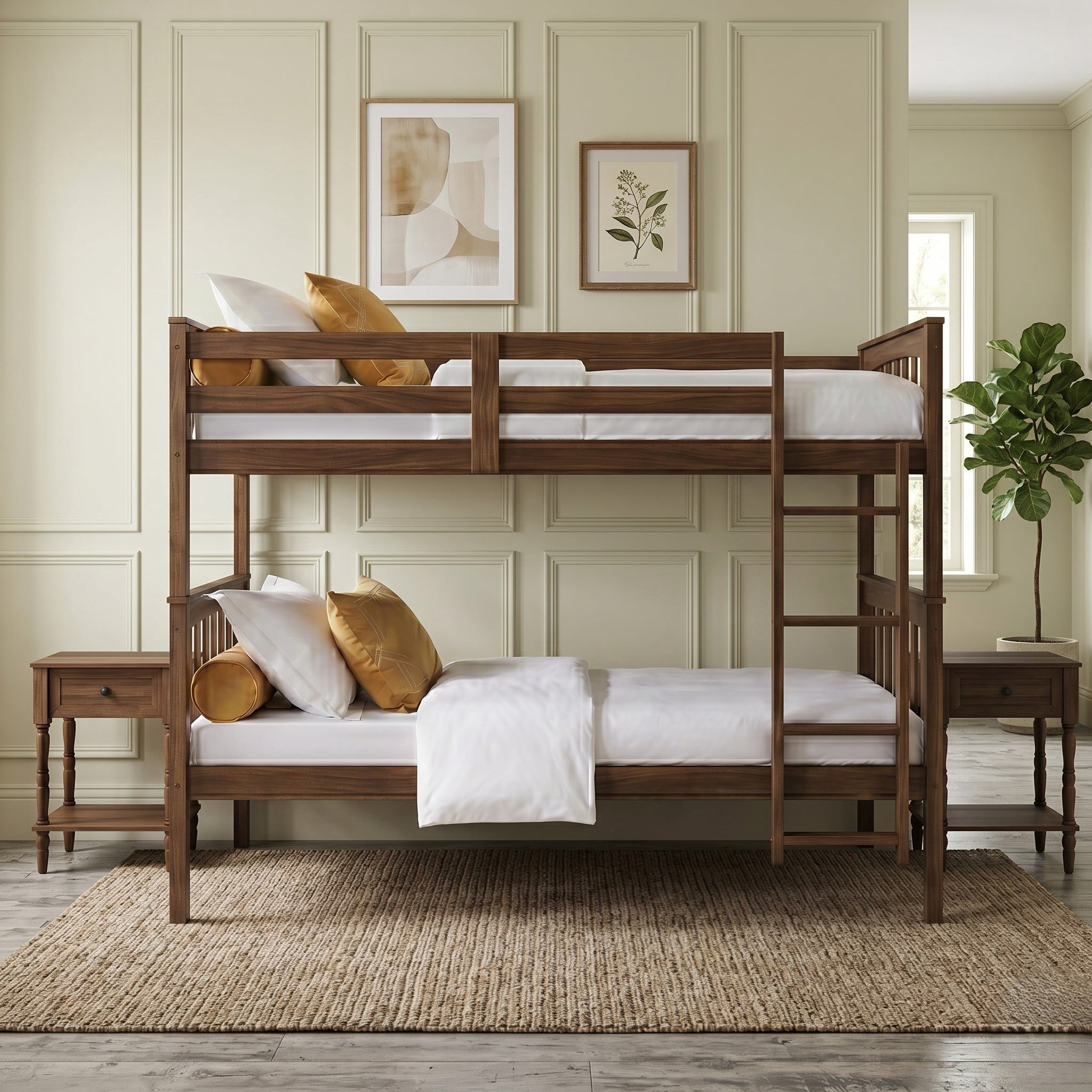 Home Design Ames Twin Over Twin Solid Wood Bunk Bed with 2 Ruston Nightstand – 3-Piece Space-Saving Bedroom Set, Brown/ Brown