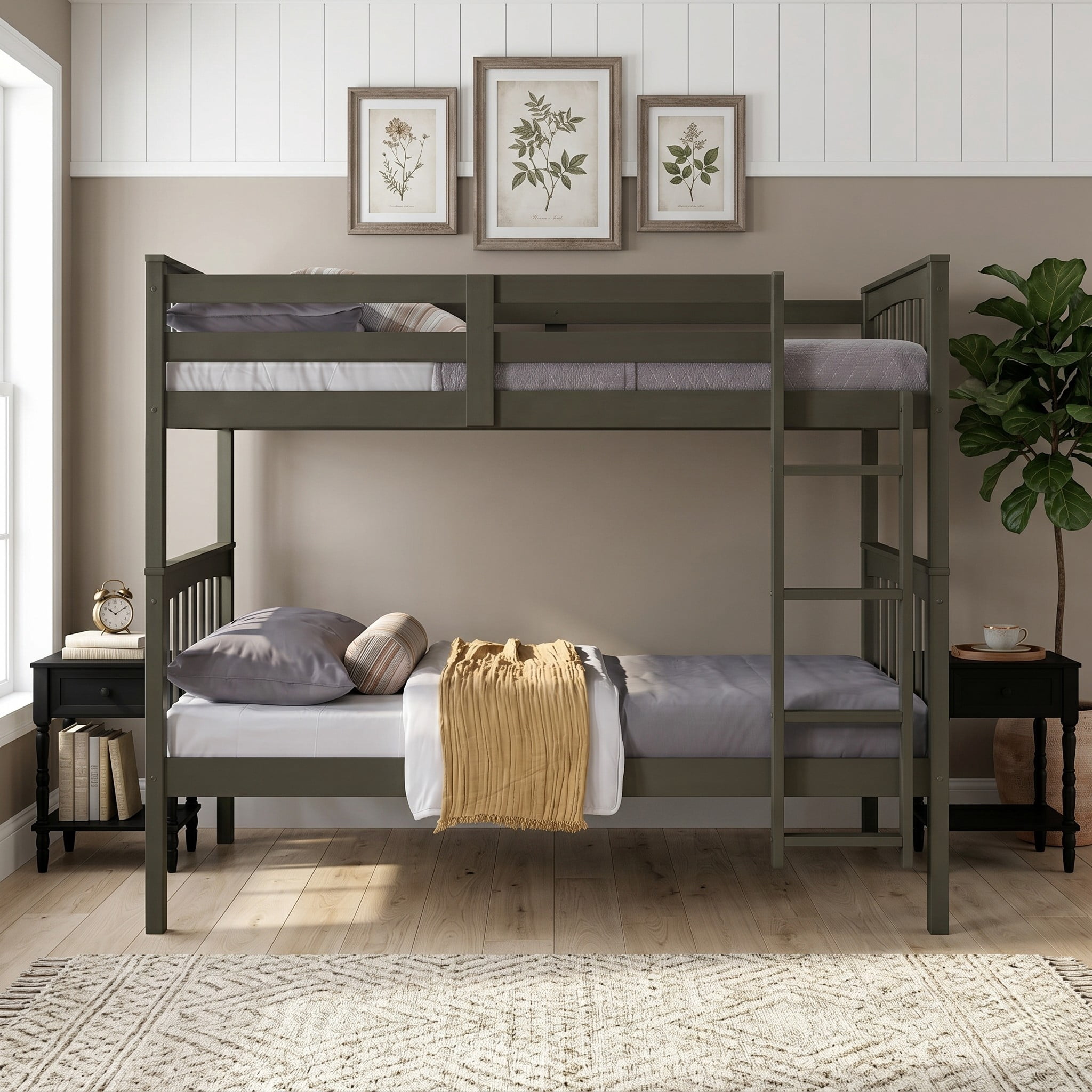 Home Design Ames Twin Over Twin Solid Wood Bunk Bed with 2 Ruston Nightstand – 3-Piece Space-Saving Bedroom Set, Gray/ Black