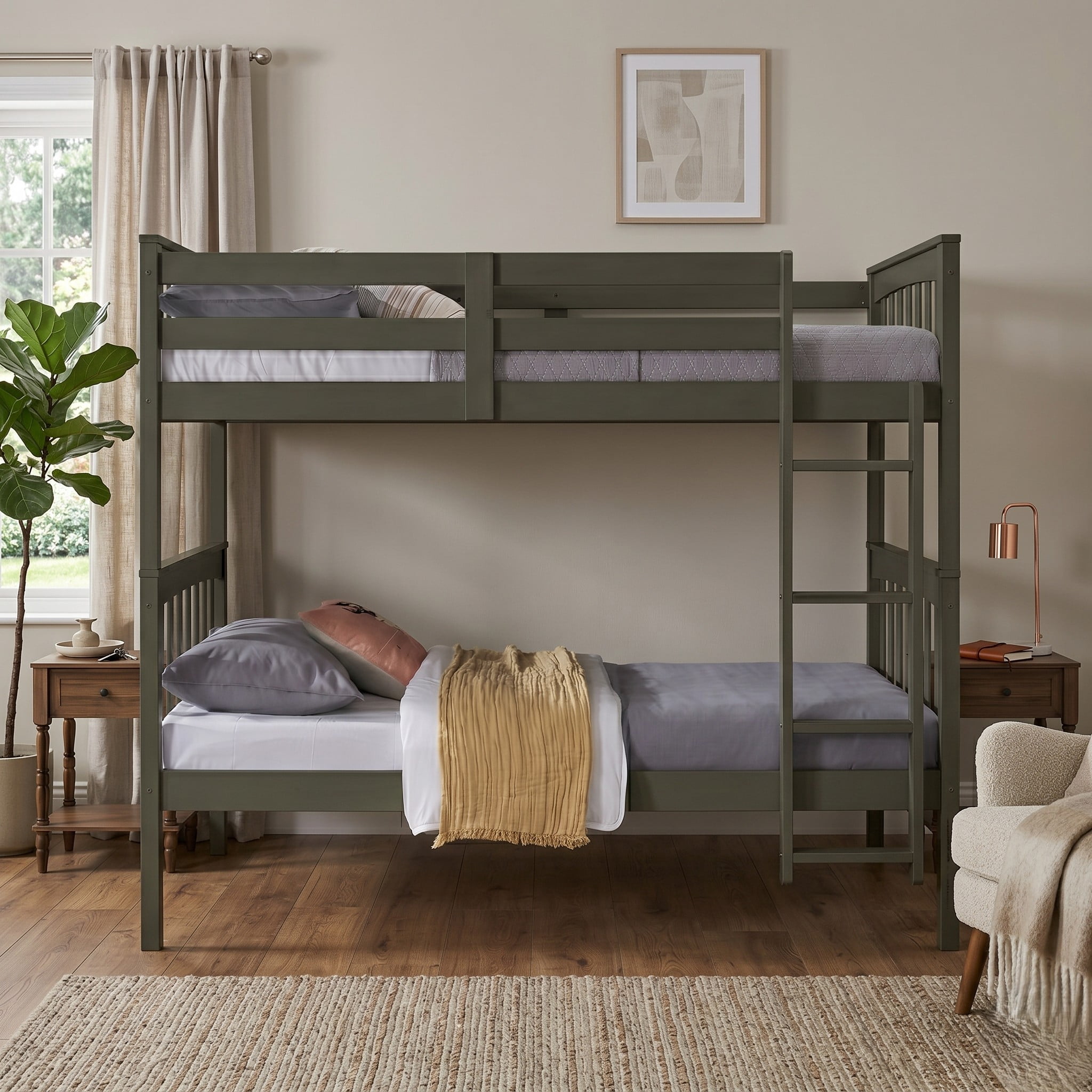Home Design Ames Twin Over Twin Solid Wood Bunk Bed with 2 Ruston Nightstand – 3-Piece Space-Saving Bedroom Set, Gray/ Brown