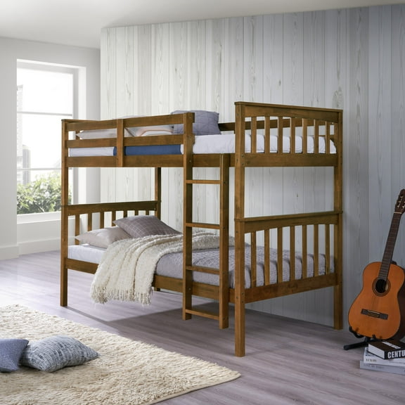 Home Design Ames Twin Over Twin Solid Wood Bunk Bed Frame, Convertible, Sturdy Guardrails, Brown, Easy Assembly