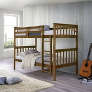 Home Design Ames Twin Over Twin Solid Wood Bunk Bed Frame, Convertible, Sturdy Guardrails, Brown, Easy Assembly