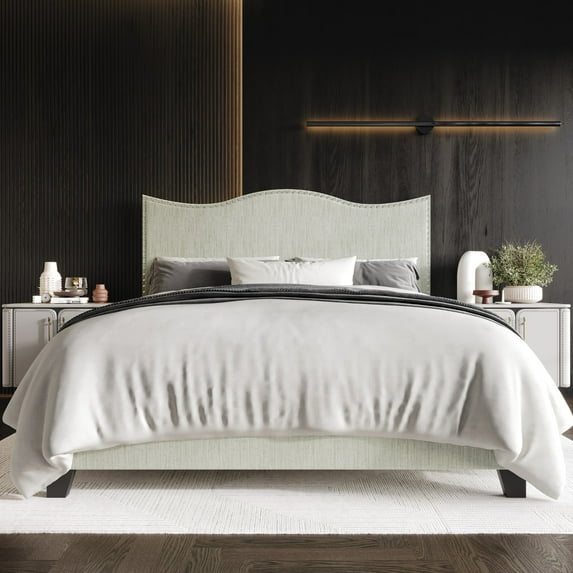 Home Design Anderson Full Upholstered Panel Bed with Tufted Wingback Headboard and Foam Cushioning, Light Gray, Easy Assembly