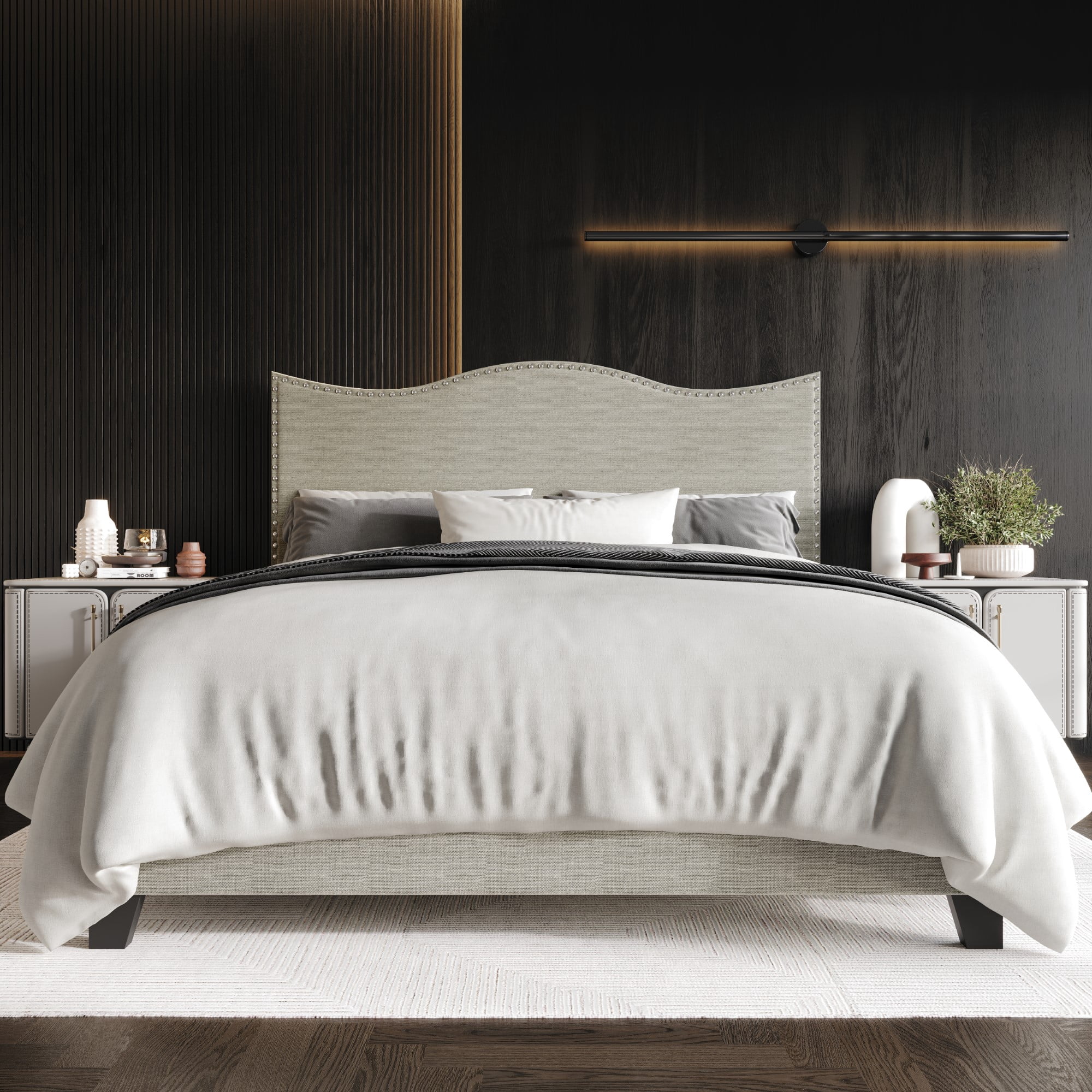 Home Design Anderson Queen Upholstered Panel Bed with Tufted Wingback Headboard and Foam Cushioning, Warm Gray, Easy Assembly