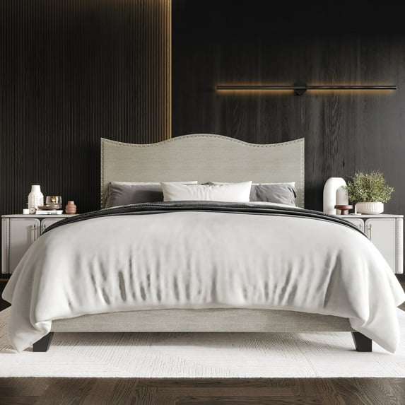 Home Design Anderson Queen Upholstered Panel Bed with Tufted Wingback Headboard and Foam Cushioning, Warm Gray, Easy Assembly