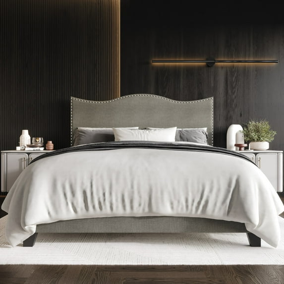 Home Design Anderson Queen Upholstered Panel Bed with Tufted Wingback Headboard and Foam Cushioning, Gray, Easy Assembly