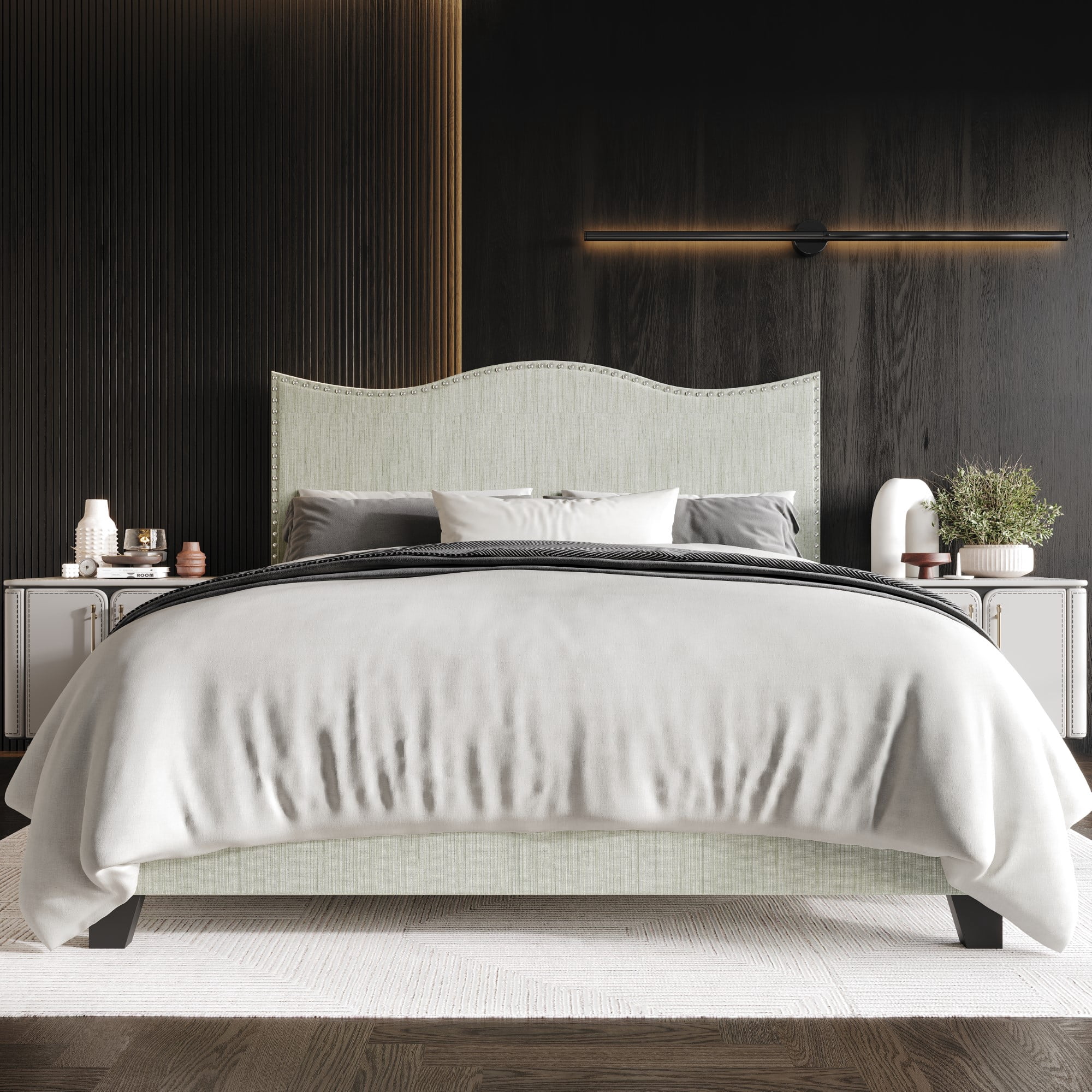 Home Design Anderson Queen Upholstered Panel Bed with Tufted Wingback Headboard and Foam Cushioning, Light Gray, Easy Assembly