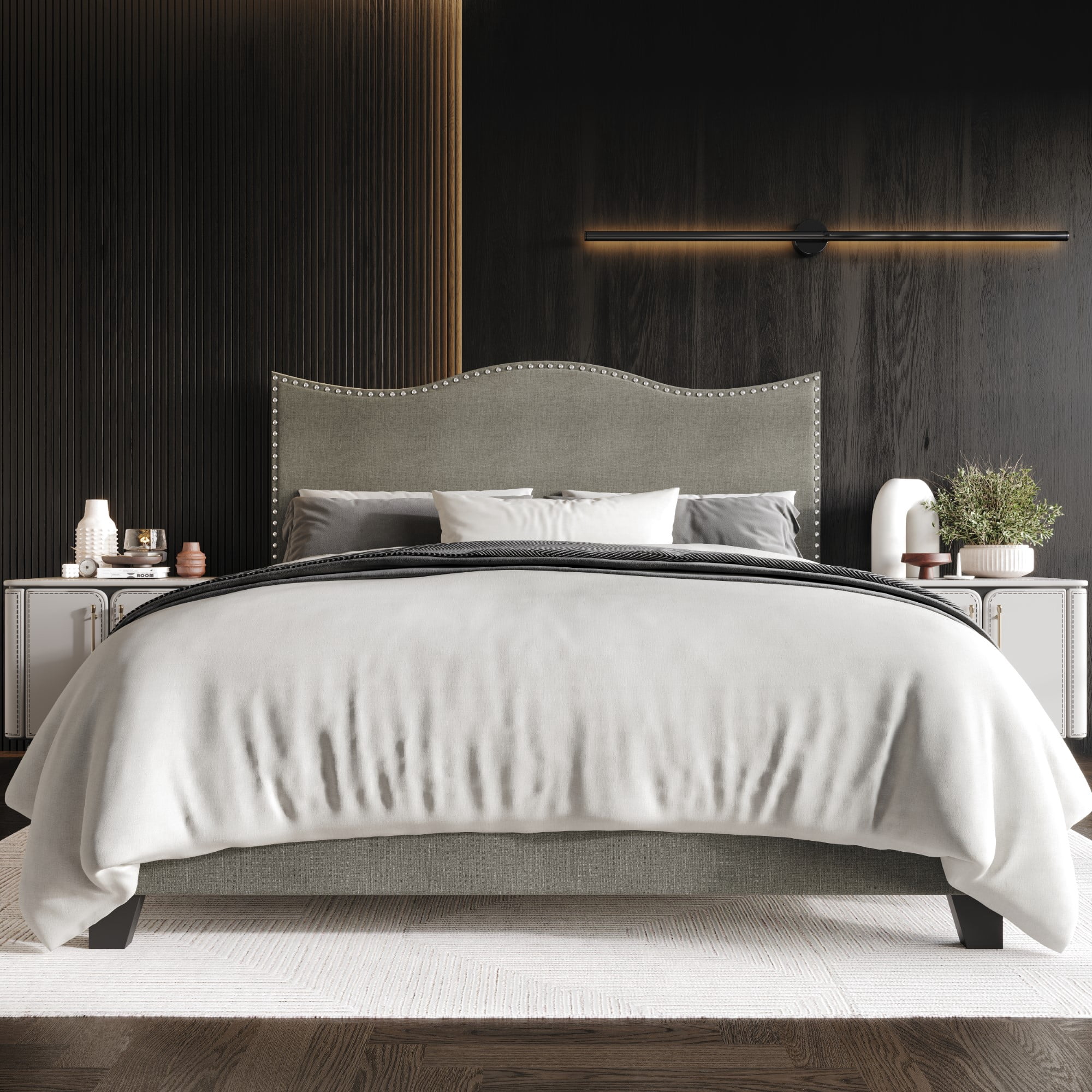 Home Design Anderson Twin Upholstered Panel Bed with Tufted Wingback Headboard and Foam Cushioning, Gray, Easy Assembly