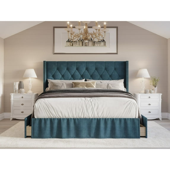 Home Design Andrea Queen Upholstered Storage Panel Bed Frame, Button Tufted Linen Wingback Headboard, Denim Blue – Modern Adult Bedroom Furniture