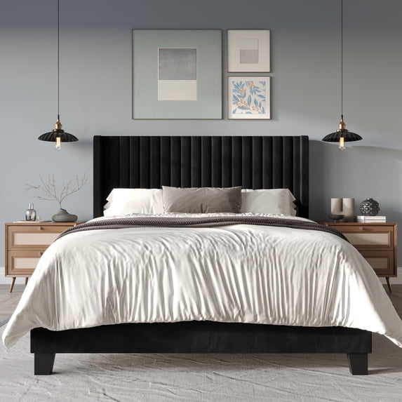 Home Design Ashland Full Velvet Upholstered Panel Bed Frame with Wingback Headboard and Foam Padding, Black, Easy Assembly