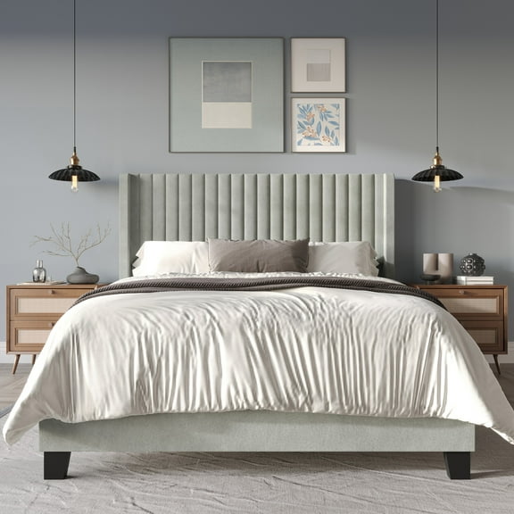 Home Design Ashland Full Velvet Upholstered Panel Bed Frame with Wingback Headboard and Foam Padding, Light Gray, Easy Assembly