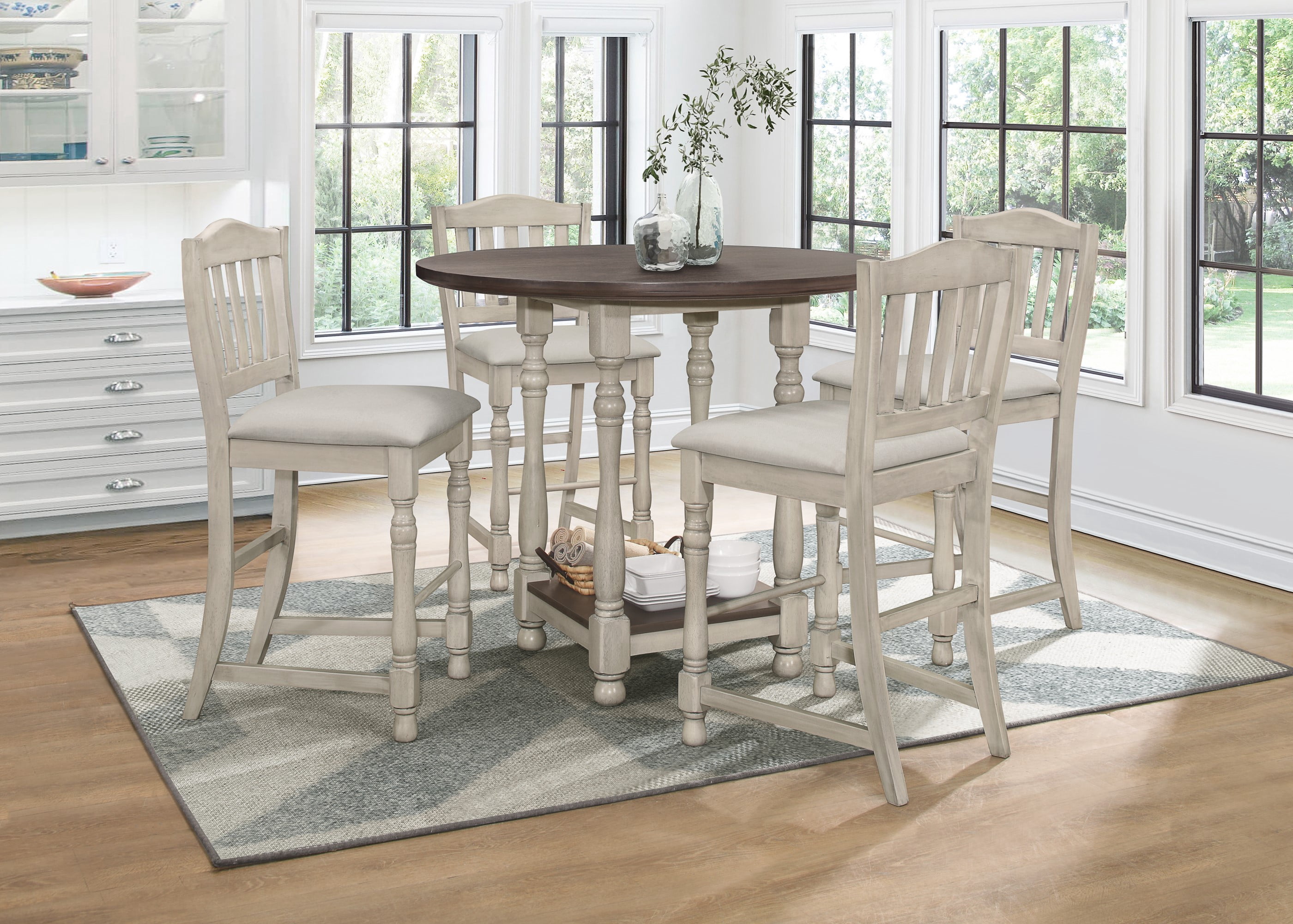 Home Design Ashley Antique Gray/Taupe Round Counter Table with Square Storage Shelf, Turned Legs, Two-Tone Design, Traditional Style, Durable Wood Construction, Space-Saving Design