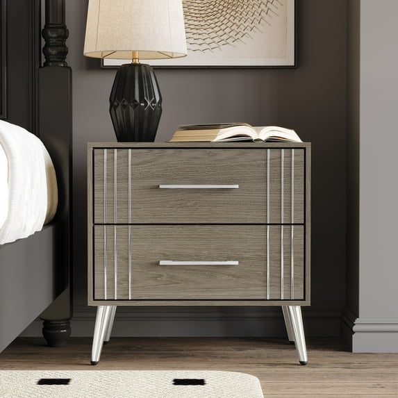 Home Design Ashwin 2-Drawer Nightstand with Spacious Storage and Sleek Modern Design, Gray, Easy Assembly