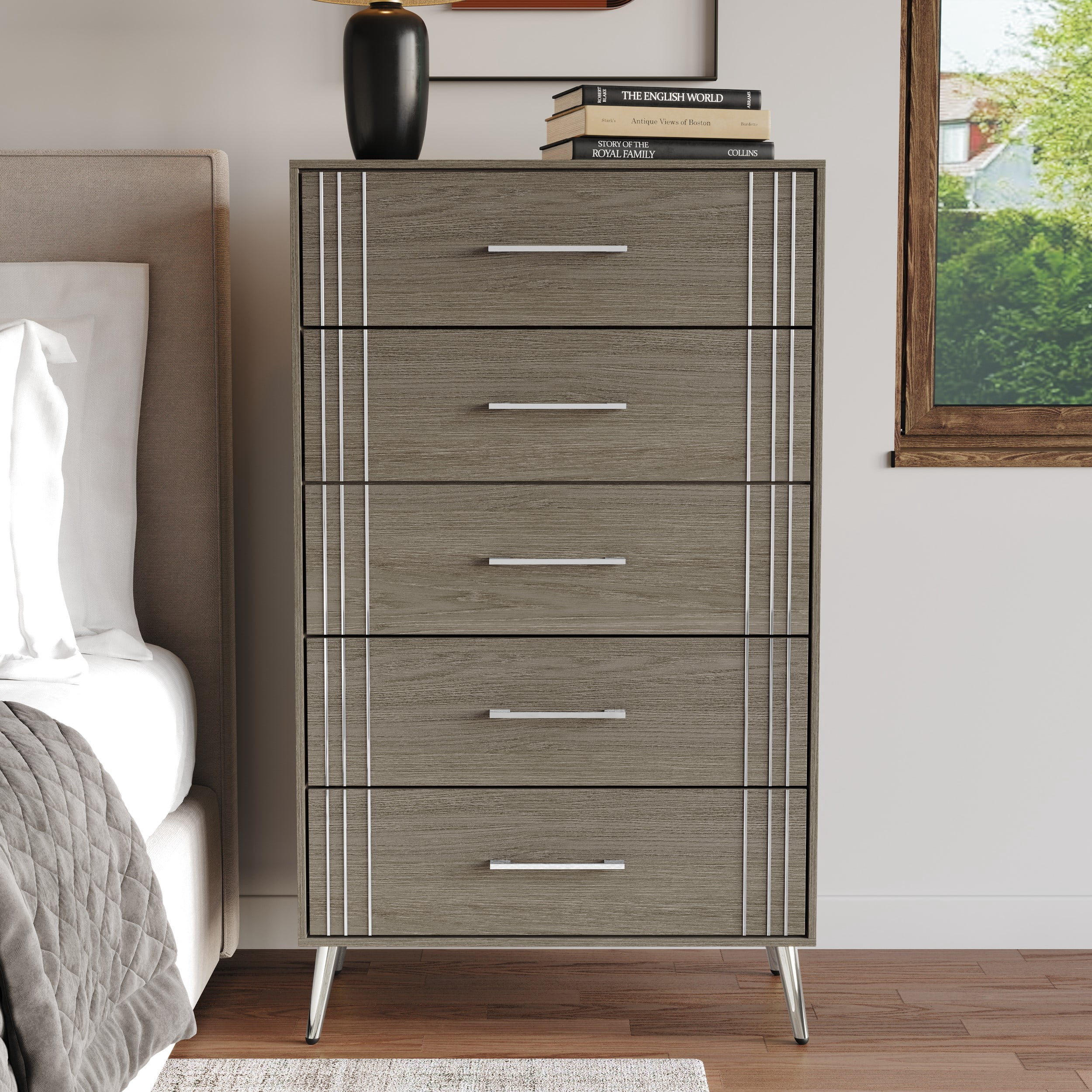 Home Design Ashwin 5-Drawer Chest, Gray, Wood Construction, Silver-Tone Tapered Legs