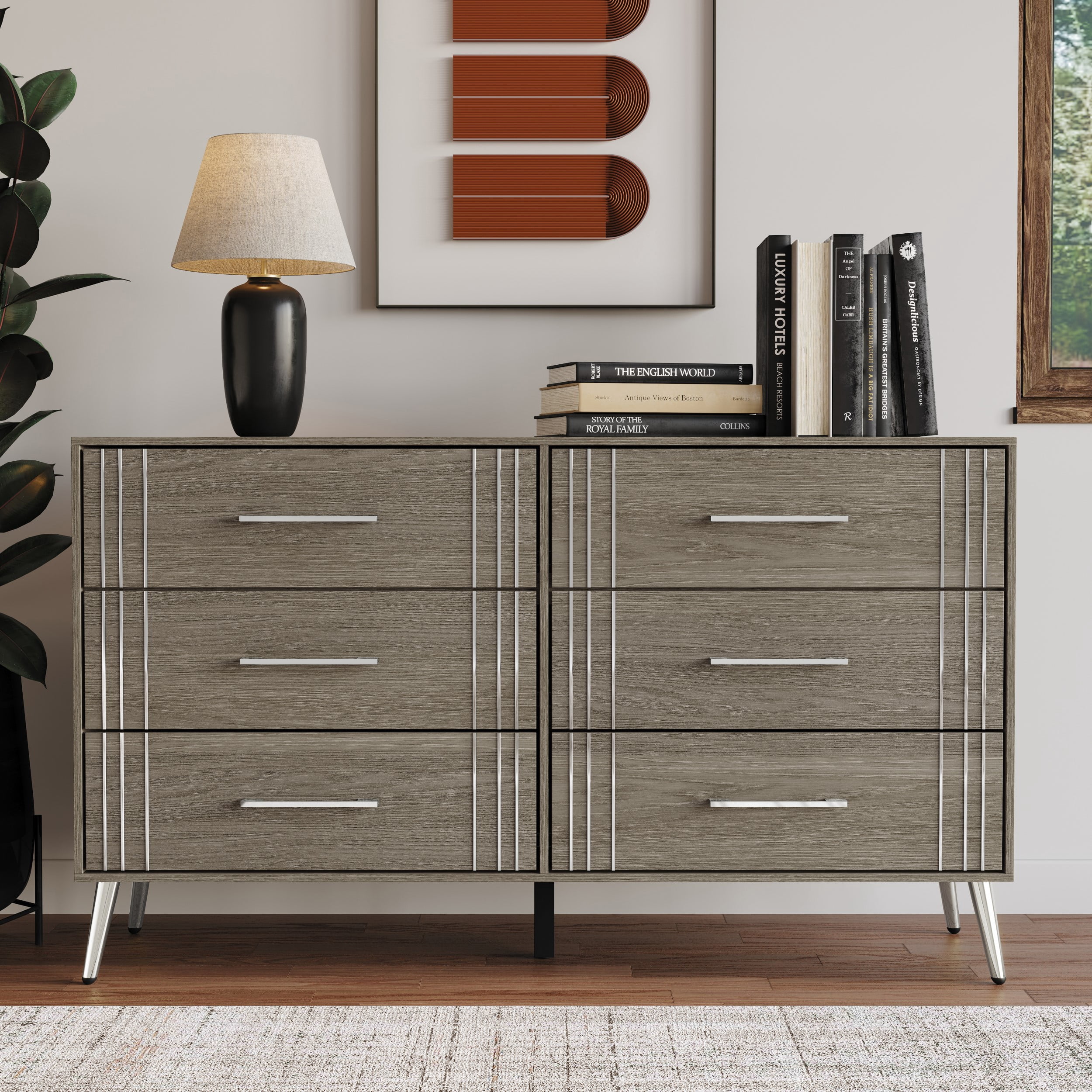 Home Design Ashwin 6-Drawer Dresser with Spacious Storage and Silver-Tone Tapered Legs, Gray, Easy Assembly