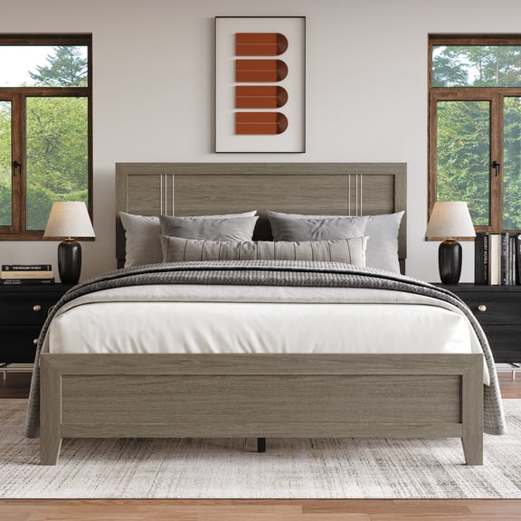 Home Design Ashwin Queen Panel Bed Frame with Center Support Leg and Natural Woodgrain, Gray, Easy Assembly
