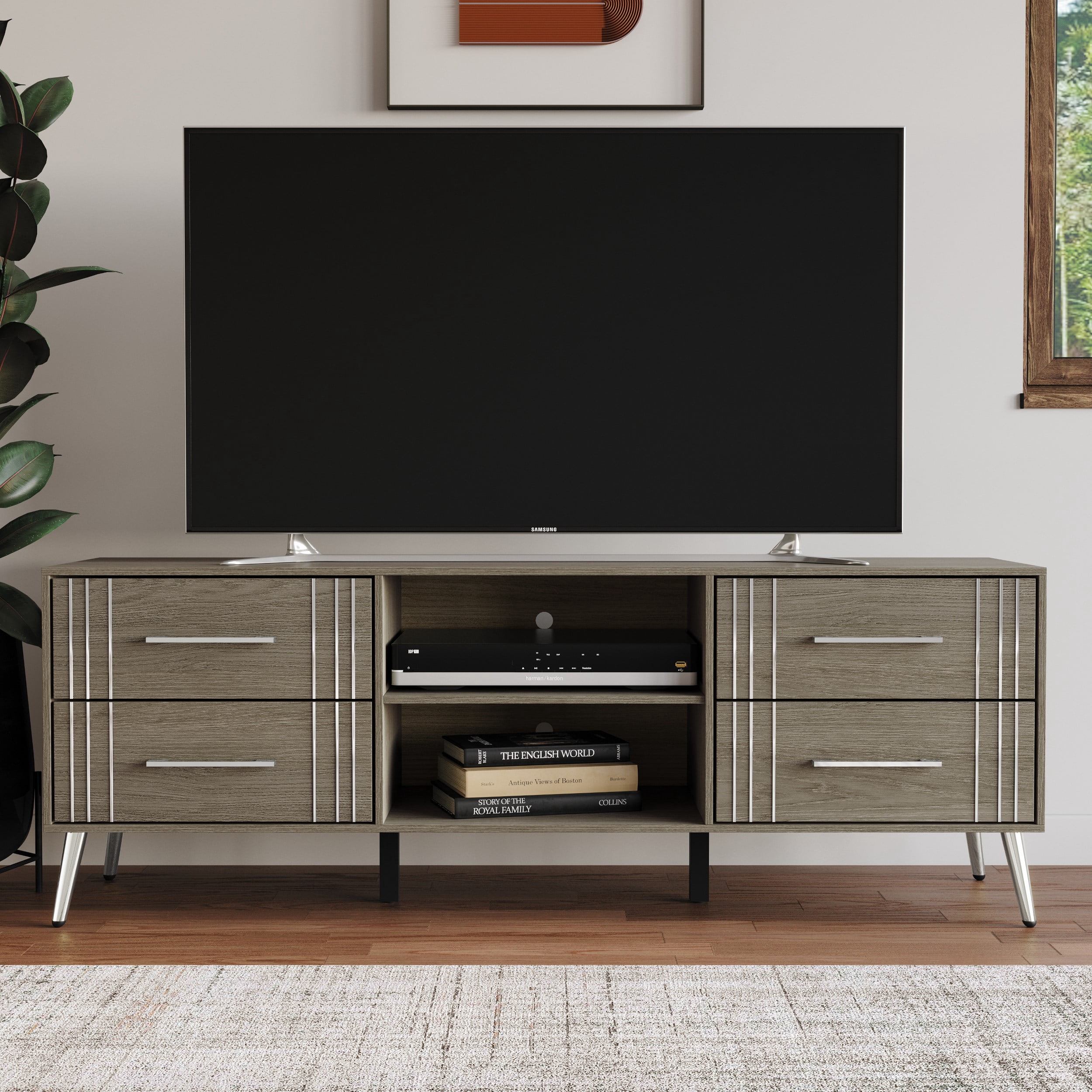 Home Design Ashwin TV Stand with Storage Shelves and Drawers, Gray, Easy Assembly