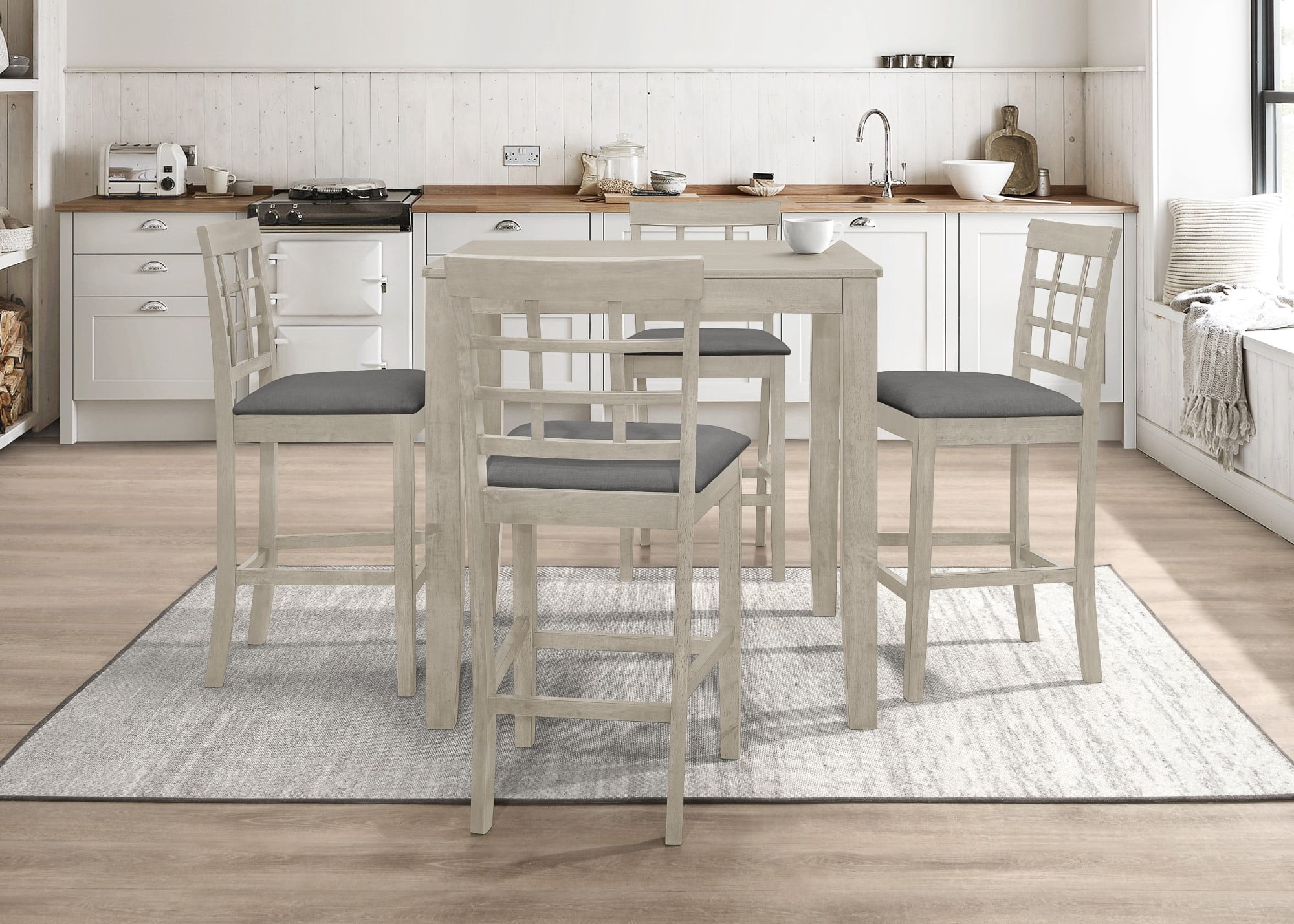 Home Design Azalea 5-Piece Counter Set, Antique Gray/Gray, Square Table with Slat-Back Cushioned Chairs, Modern Minimalist Style