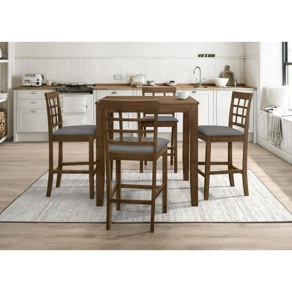Home Design Azalea 5-Piece Counter Set, Brown/Gray, Square table, Slat-back cushioned chairs, Comfortable seating, Sturdy legs, Modern minimalist style, Space-saving