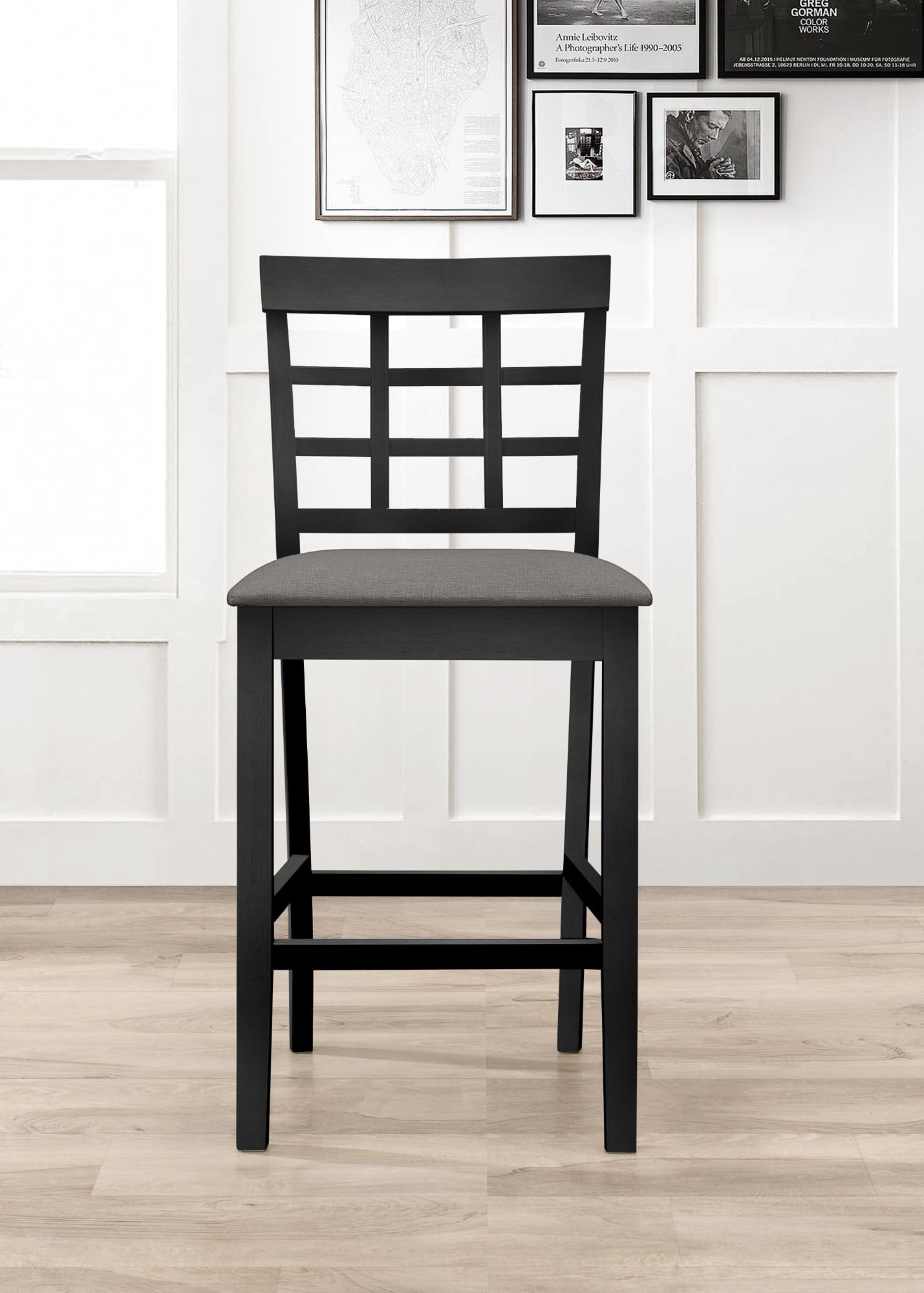 Home Design Azalea Counter Chairs (Set of 4), Black/Gray, Slat-back design, Padded seat, Comfortable seating, Sturdy frame, Modern minimalist style, Durable construction