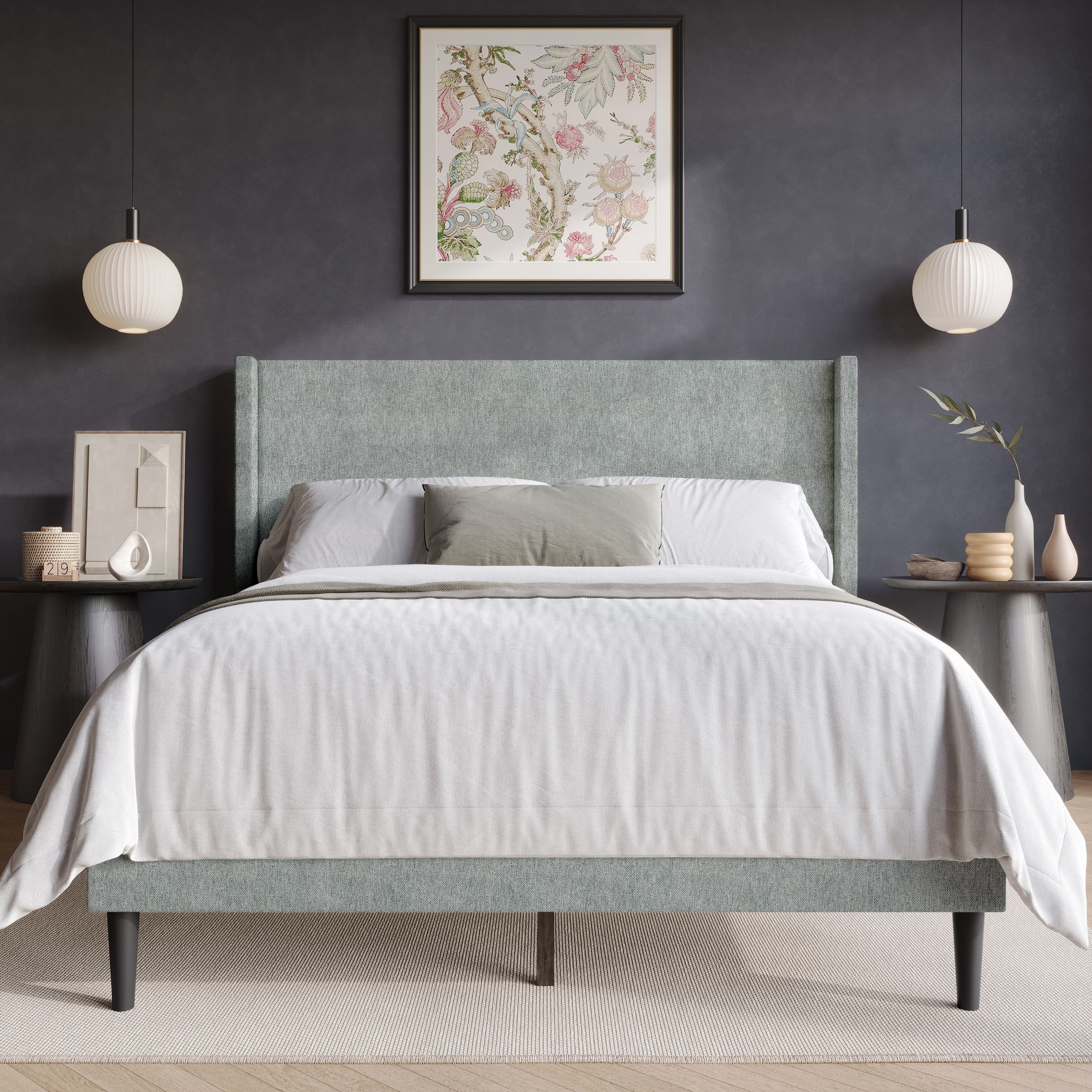 Home Design Bangor King Upholstered Wingback Platform Bed Frame, Linen, No Box Spring Required, Light Gray