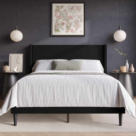 Home Design Bangor Queen Upholstered Wingback Platform Bed Frame, Linen, No Box Spring Required, Black