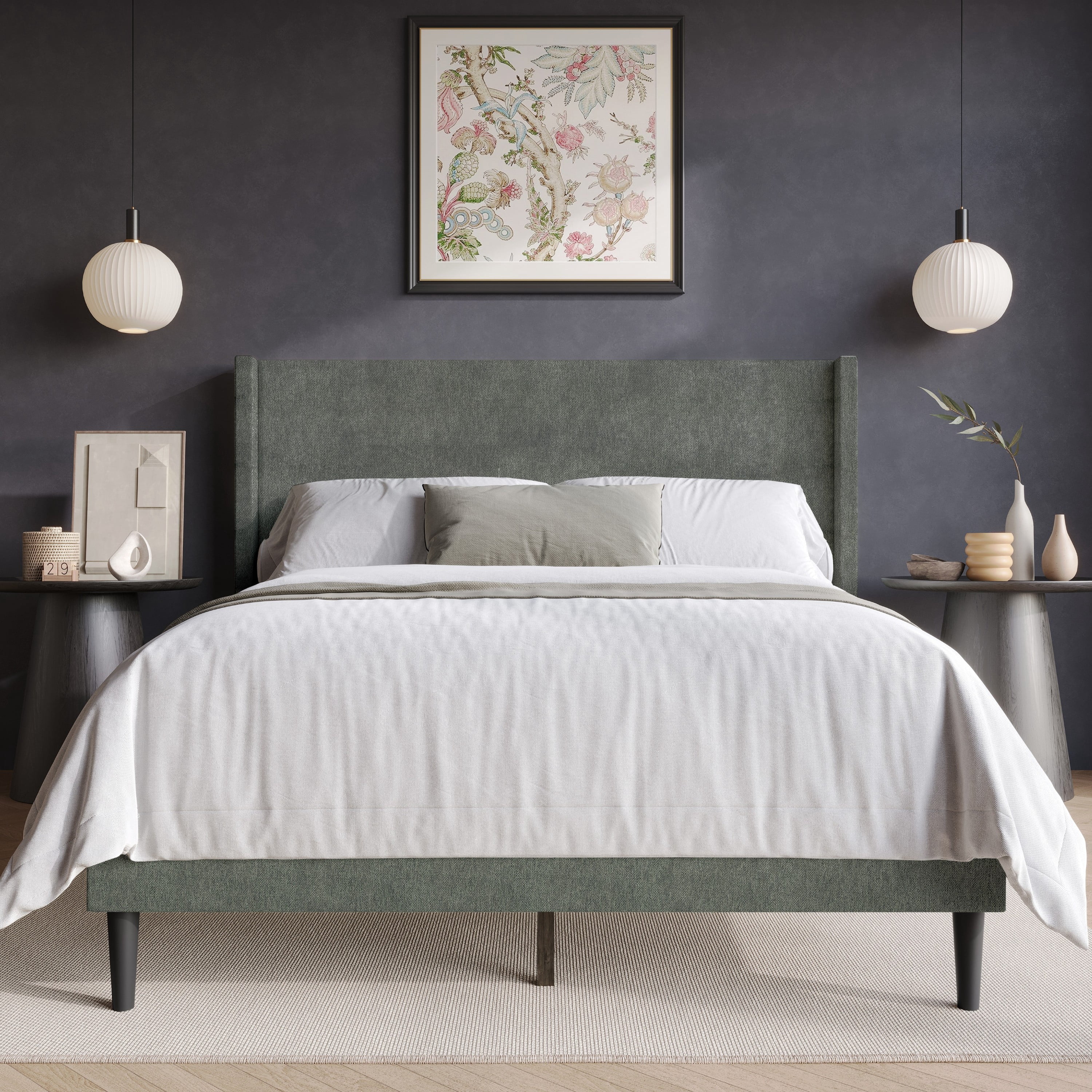Home Design Bangor Queen Upholstered Wingback Platform Bed Frame, Linen, No Box Spring Required, Gray