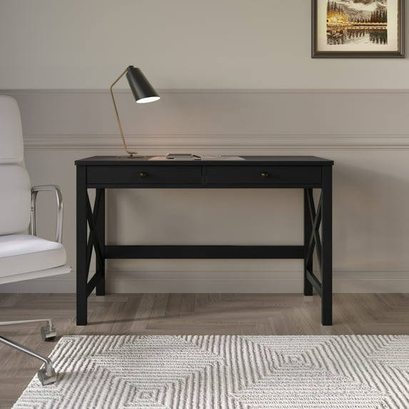 Home Design Beatrice Writing Desk with Spacious Tabletop and Built-In Drawers, Timeless Clean-Lined Design for Bedroom, Home Office, or Study Nook, Black