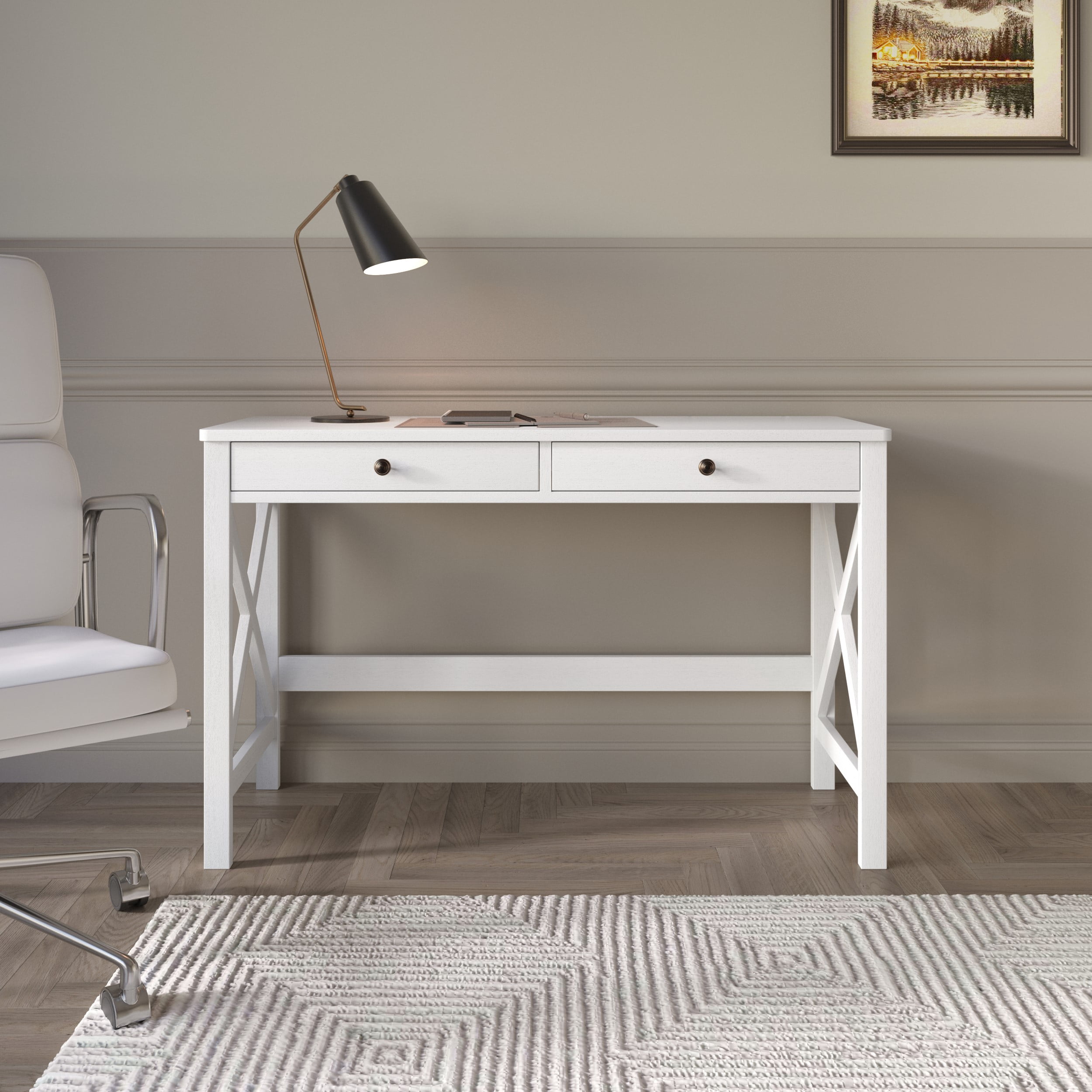 Home Design Beatrice Writing Desk with Spacious Tabletop and Built-In Drawers, Timeless Clean-Lined Design for Bedroom, Home Office, or Study Nook, White