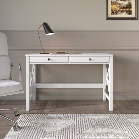Home Design Beatrice Writing Desk with Spacious Tabletop and Built-In Drawers, Timeless Clean-Lined Design for Bedroom, Home Office, or Study Nook, White
