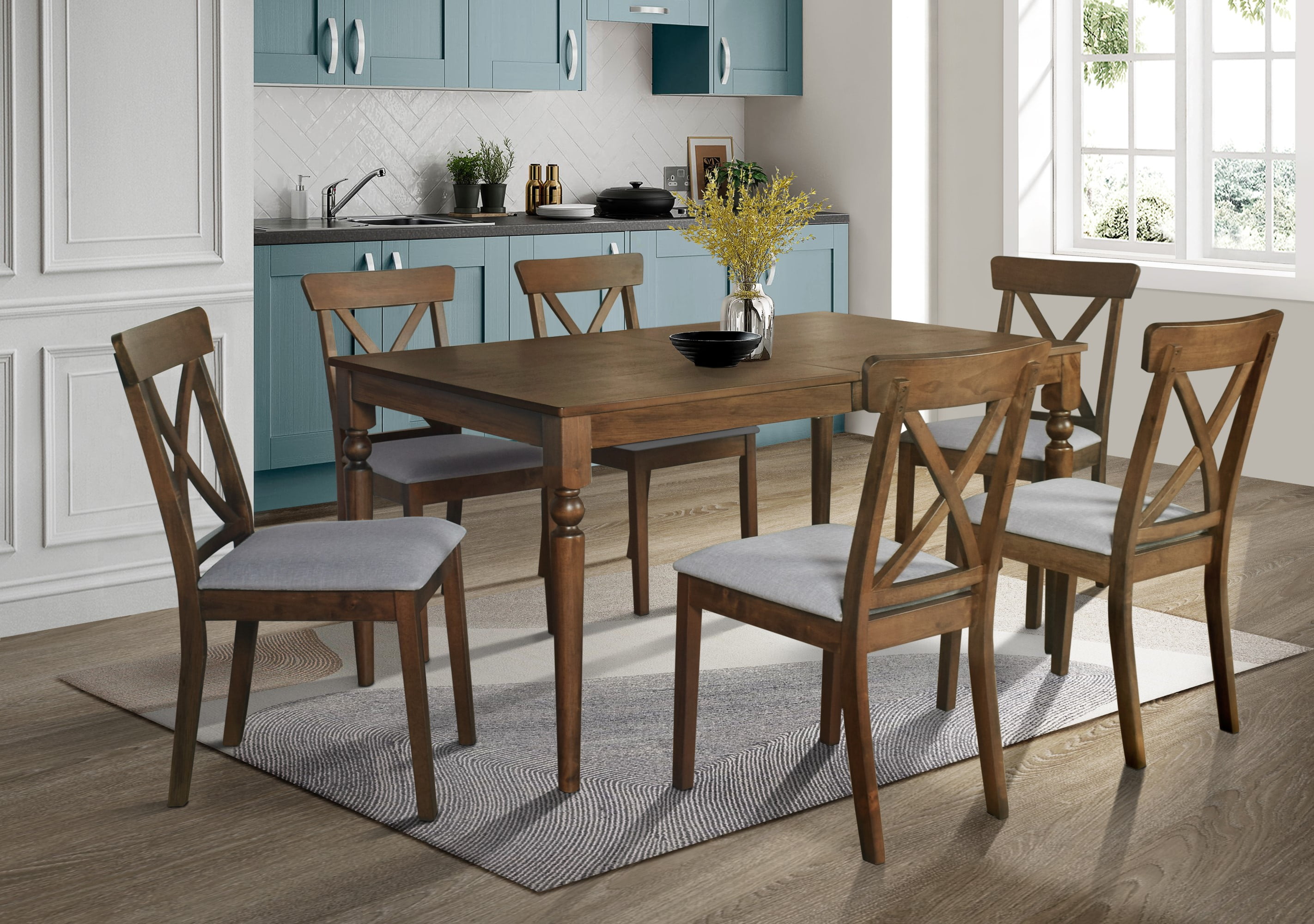 Home Design Beckley 7-Piece Dining Set, Gray/Black, Rectangular Table, Cross-Back Cushioned Chairs, Modern Style, Durable Construction