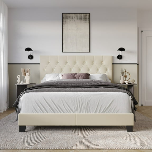 Home Design Boone Queen Tufted Upholstered Panel Bed with Faux Leather and Padded Headboard, Beige, Easy Assembly