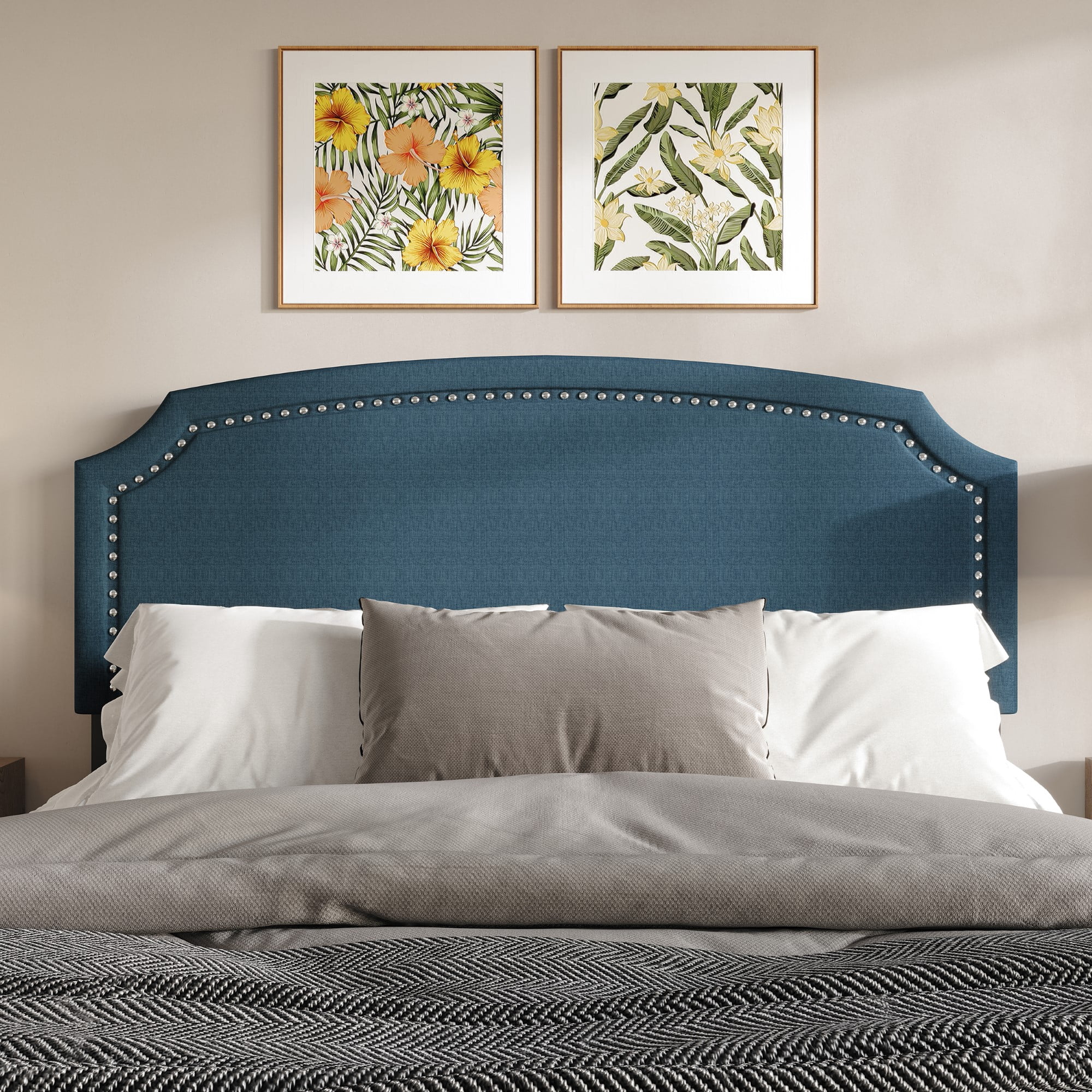 Home Design Bowie King Upholstered Headboard with Adjustable Height and Nailhead Trim, Denim Blue, Easy Assembly