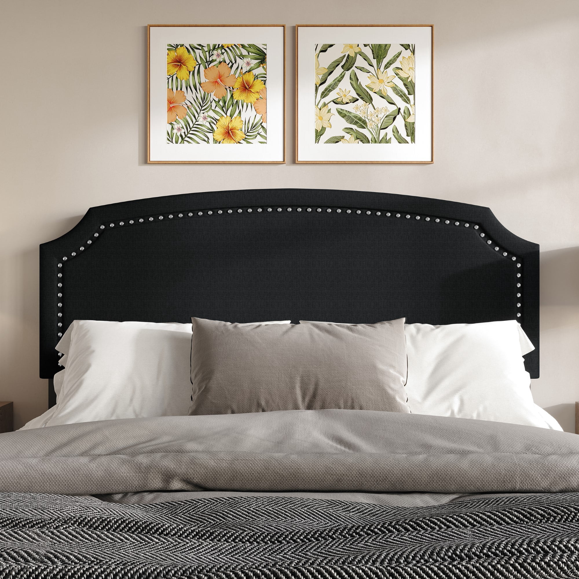Home Design Bowie Twin Upholstered Headboard with Adjustable Height and Nailhead Trim, Black, Easy Assembly