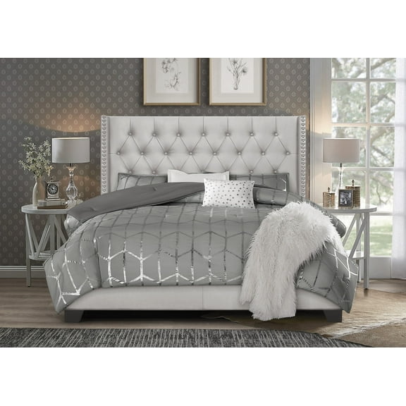 Home Design Brady King Upholstered Panel Bed with Tufted Wingback Headboard, Silver Faux Leather