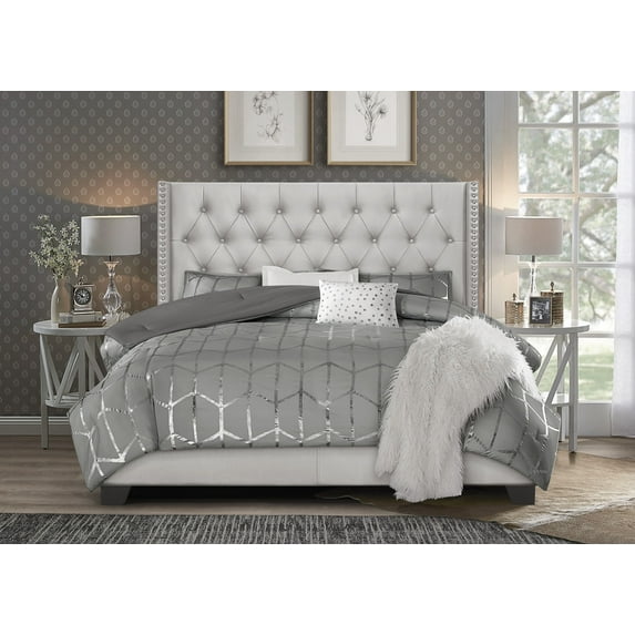 Home Design Brady Queen Upholstered Panel Bed with Tufted Wingback Headboard, Silver Faux Leather