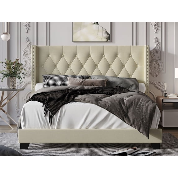 Home Design Brady King Upholstered Panel Bed with Tufted Wingback Headboard, Beige Polyester Blend