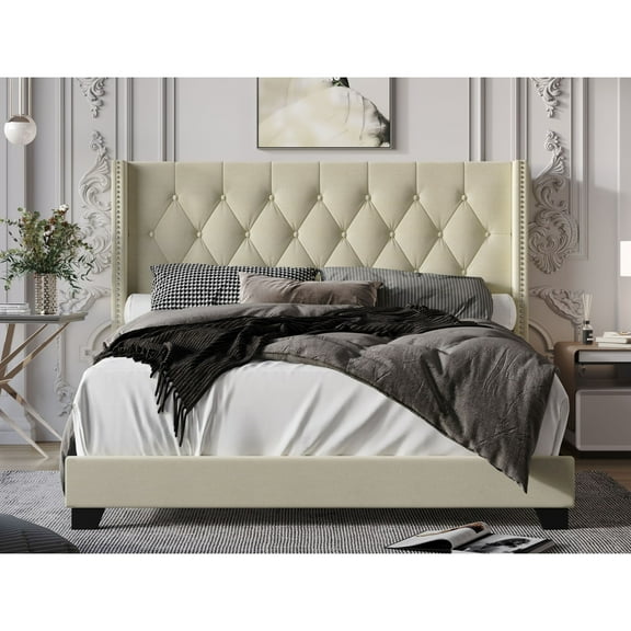 Home Design Brady Queen Tufted Wingback Upholstered Panel Bed Frame, Beige Polyester Blend