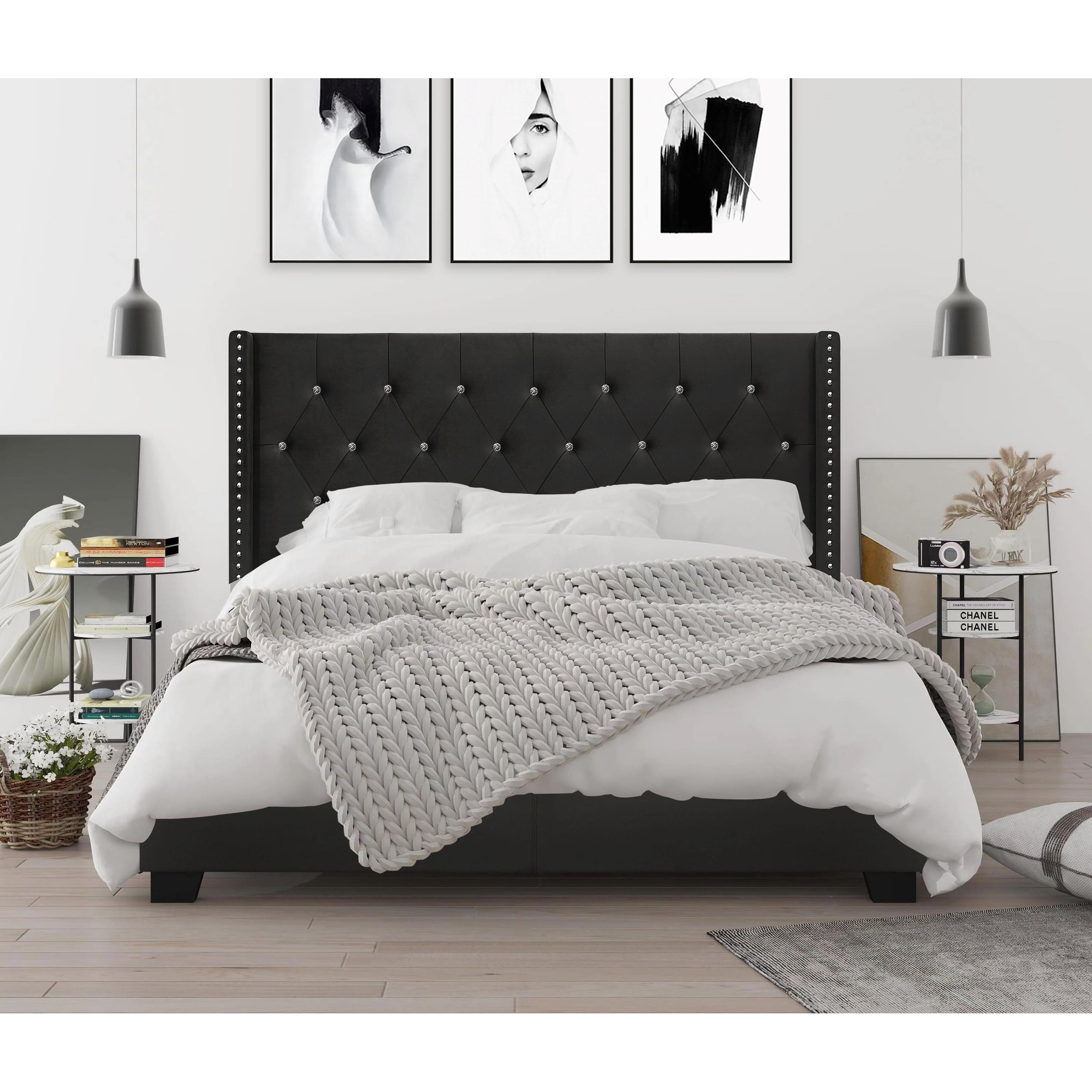 Home Design Brady Queen Tufted Wingback Upholstered Panel Bed Frame, Black-Velvet (Diamond)