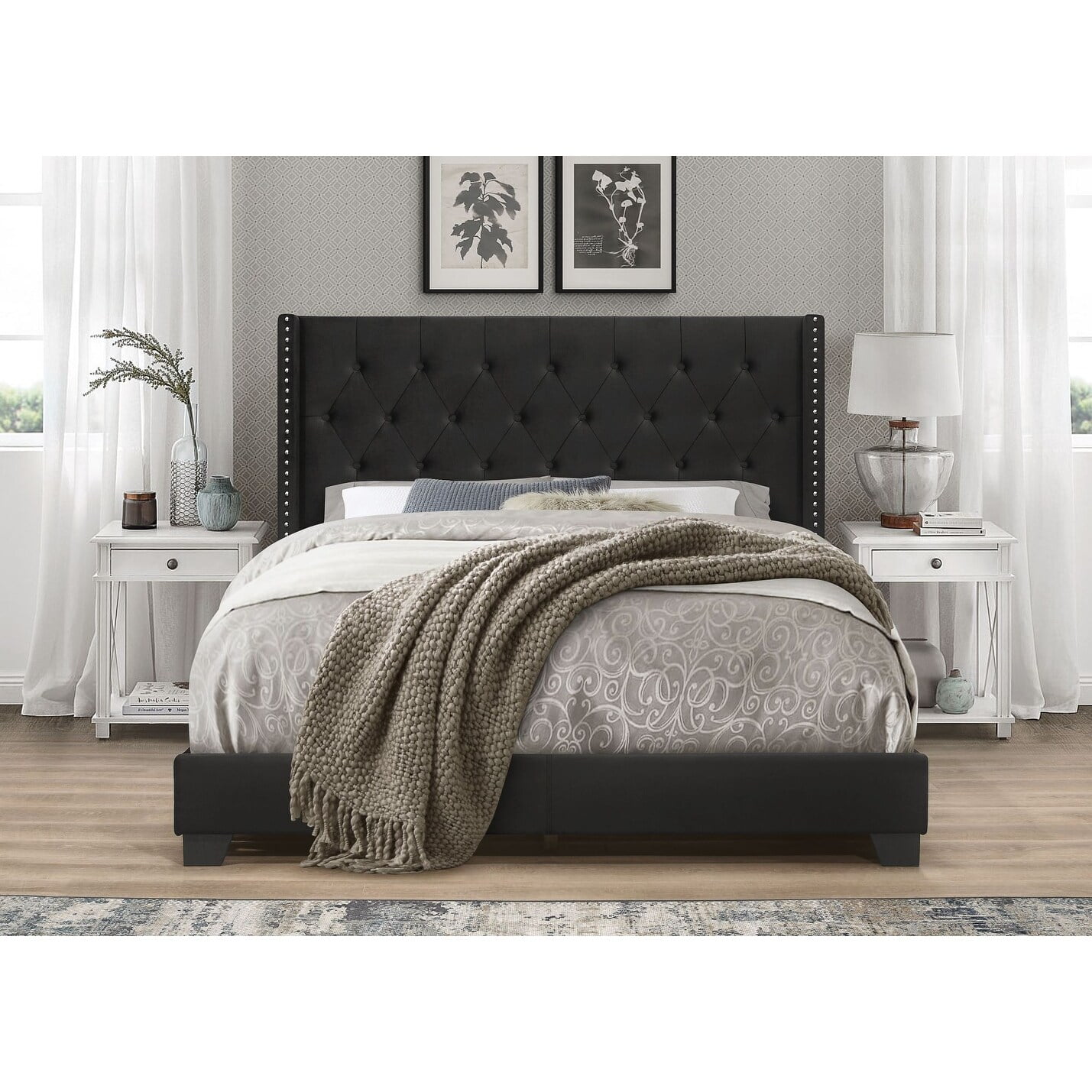 Home Design Brady Twin Tufted Wingback Upholstered Panel Bed Frame, Black Velvet