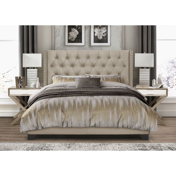 Home Design Brady Full Tufted Wingback Upholstered Panel Bed Frame, Gold Faux Leather