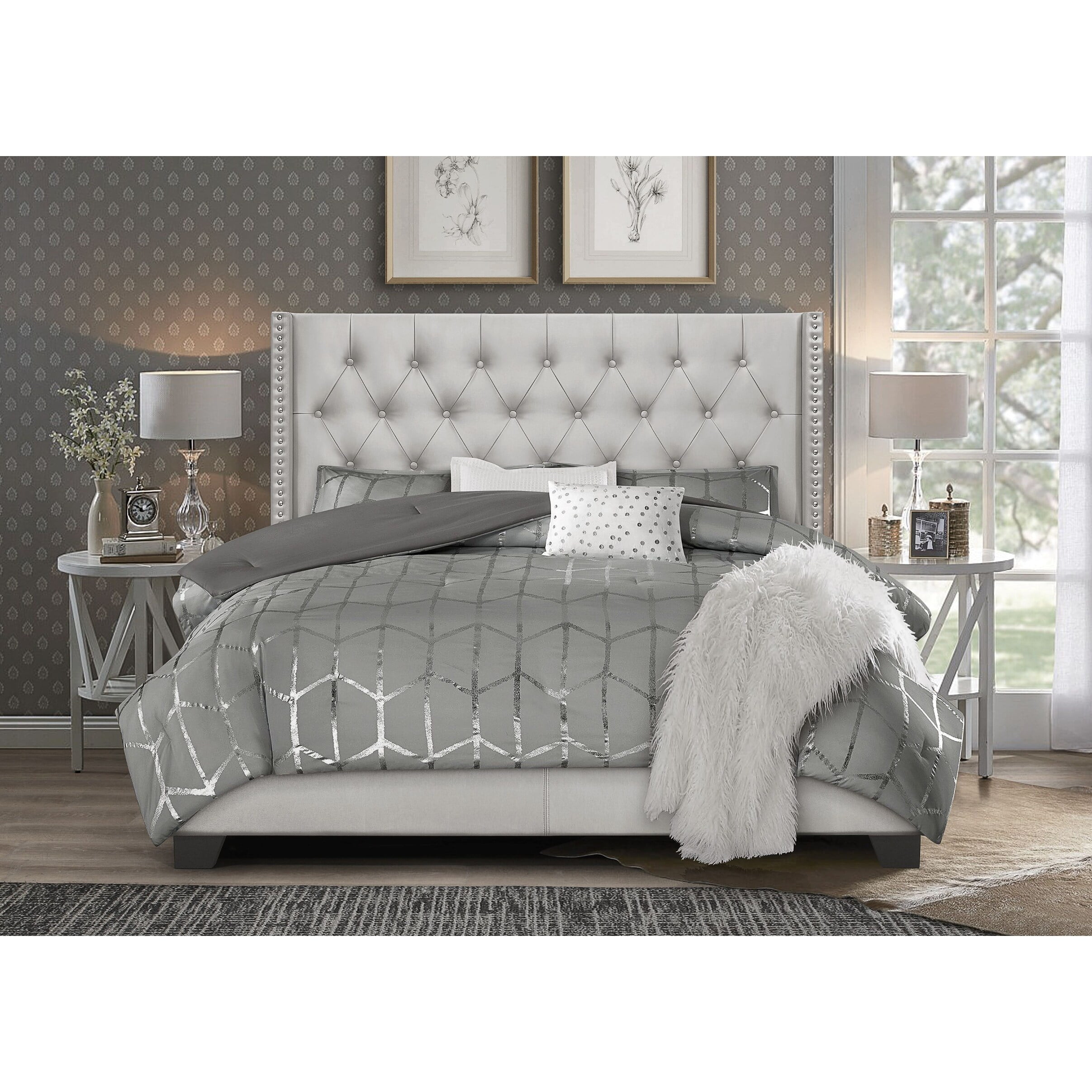 Home Design Brady Full Tufted Wingback Upholstered Panel Bed Frame, Silver Faux Leather