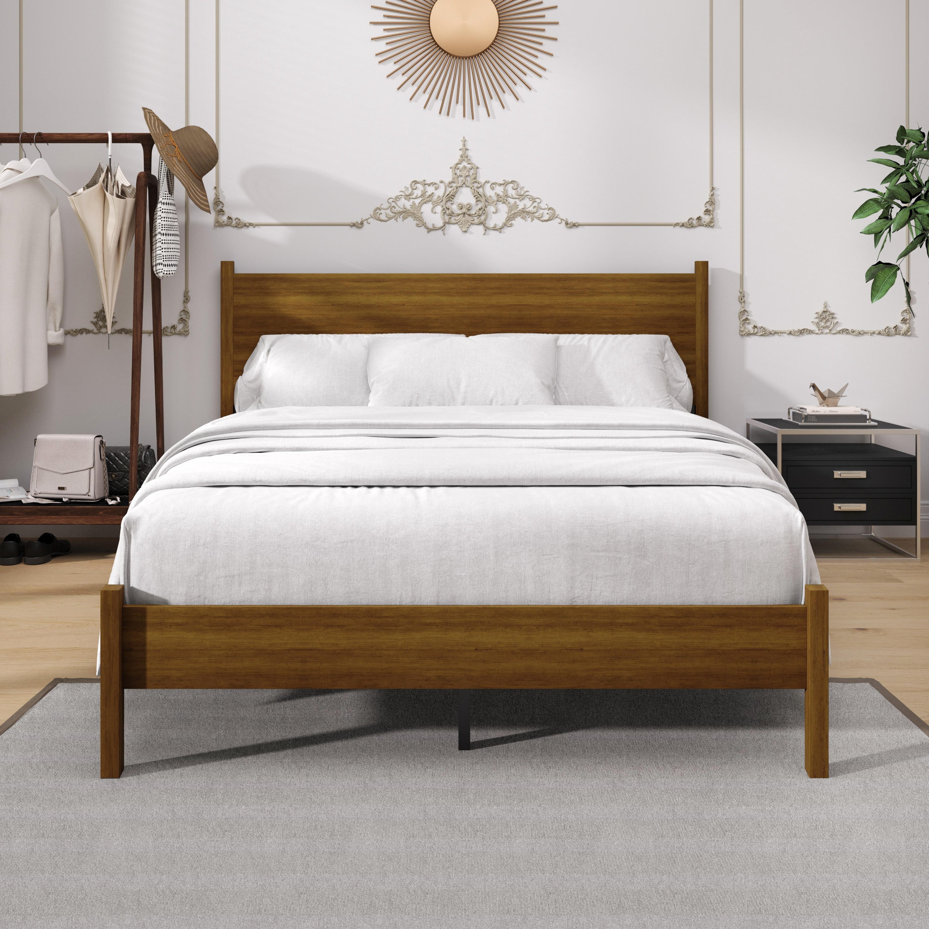 Home Design Branford Full Wood Platform Bed Frame with Panel Headboard and Full Slat Support, Brown
