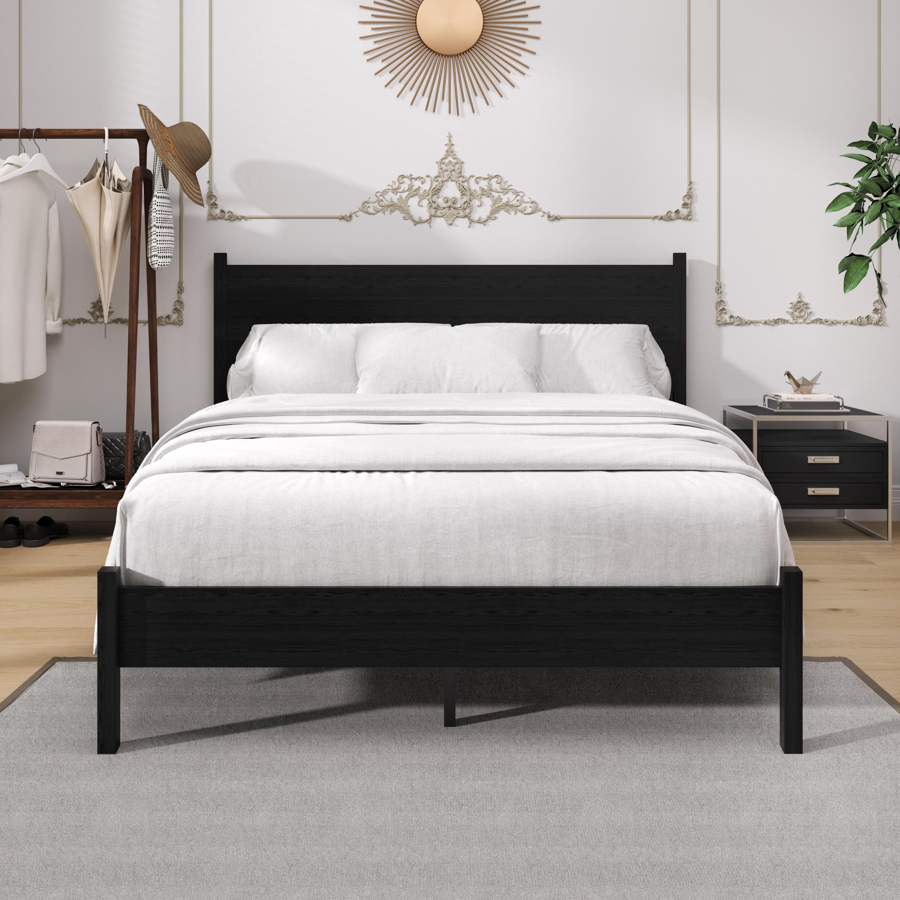 Home Design Branford King Solid Wood Platform Bed Frame with Panel Headboard and Full Slat Support, Black