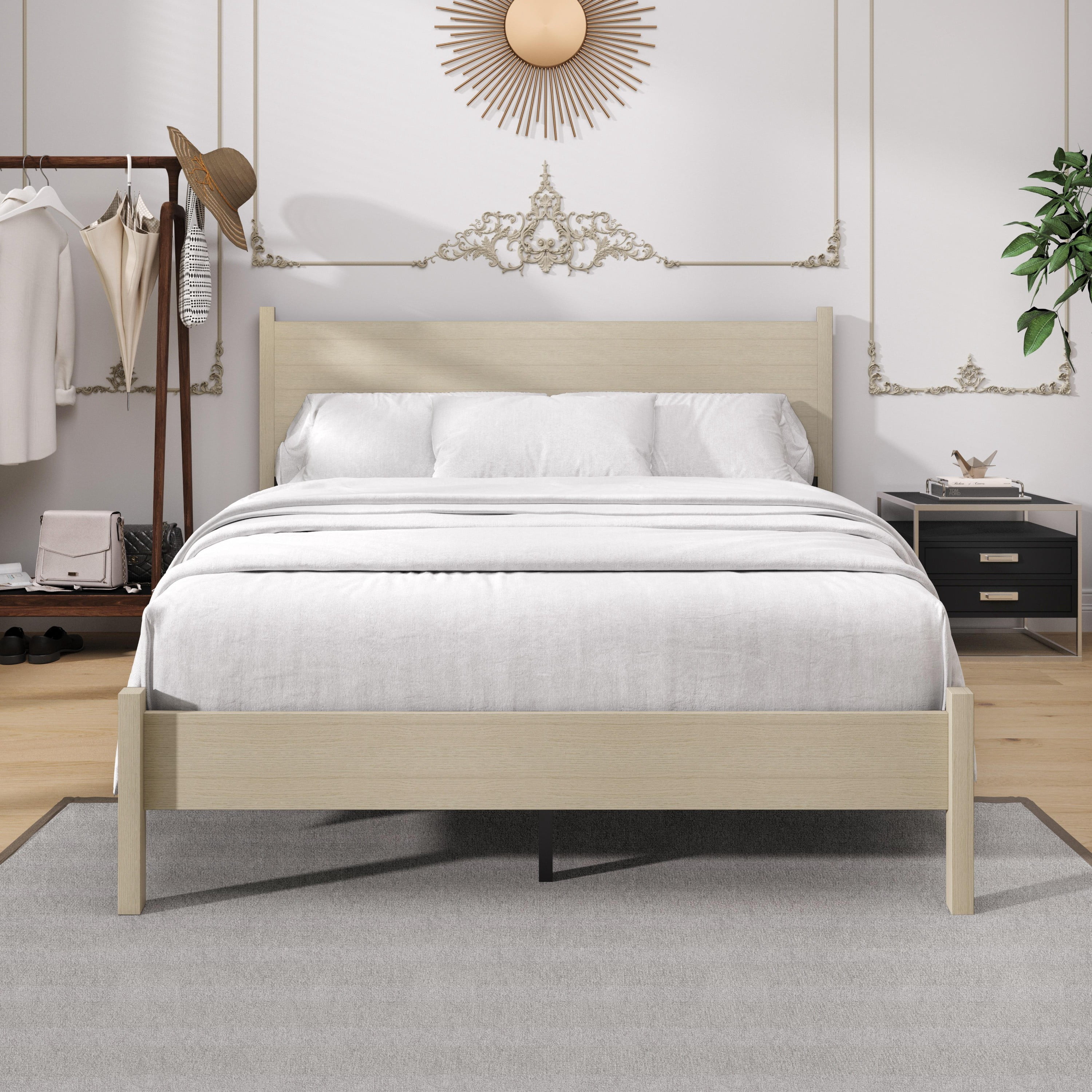Home Design Branford Twin Solid Wood Platform Bed Frame with Panel Headboard and Full Slat Support, Antique White