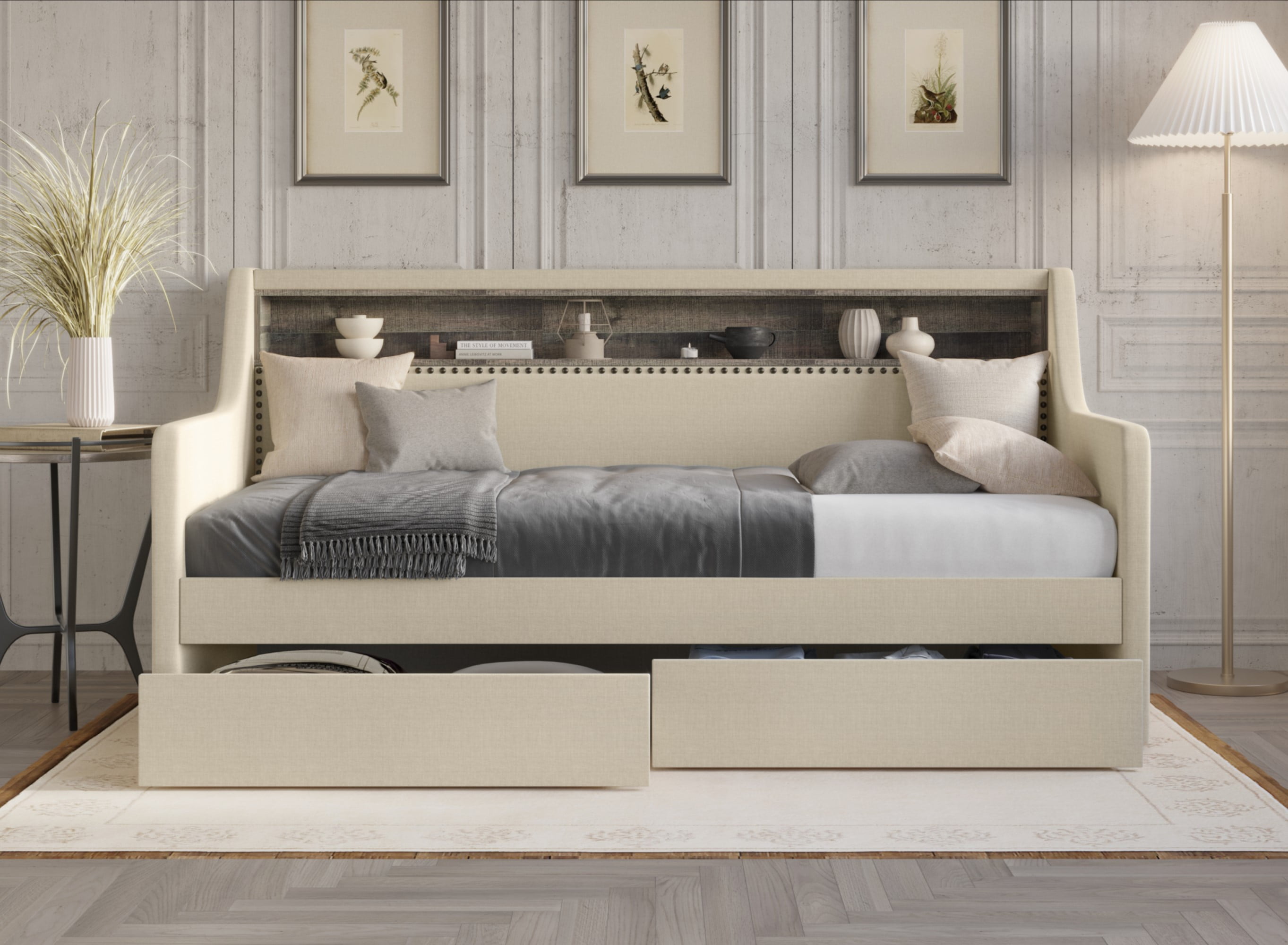 Home Design Brianna Twin Daybed with Upholstered Frame, Nailhead Trim, Built-In Storage with Two Drawers, Stylish Seating and Sleeping Solution, Beige